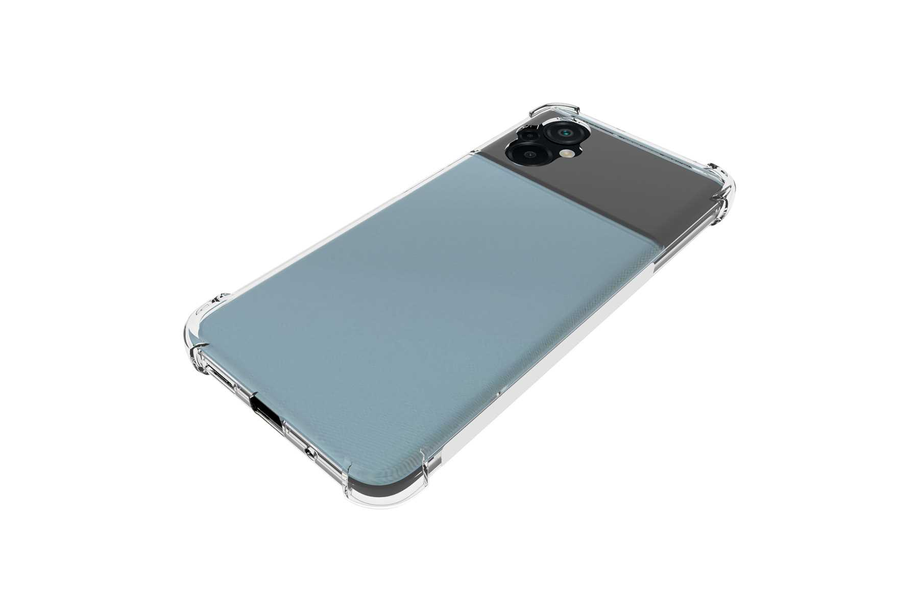 Eine transparente Handyhülle mit blauem Abschnitt auf weißem Hintergrund, nach oben geneigt.