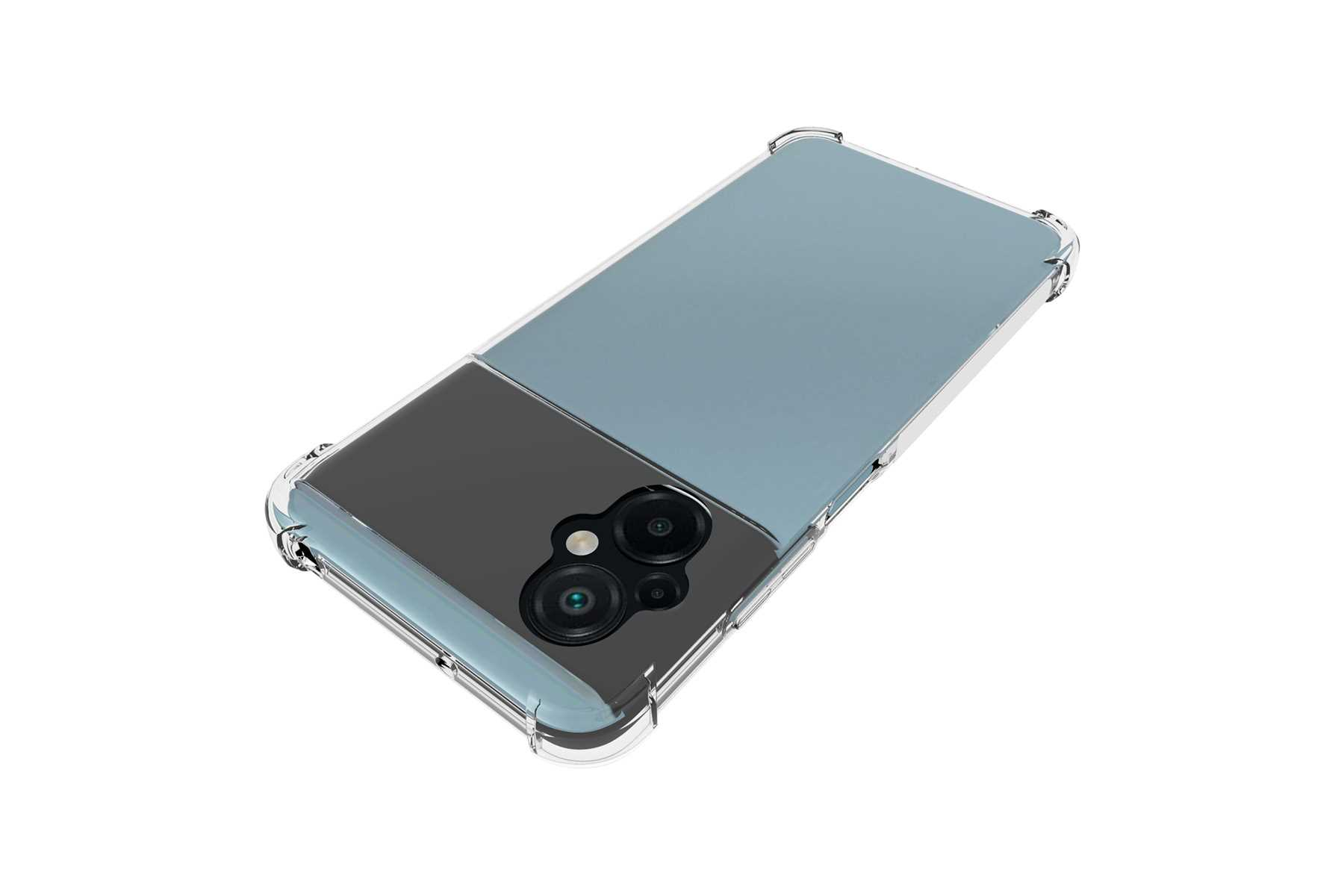Eine transparente Handyhülle und ein blau-graues Telefon, das auf dem Rücken liegt.