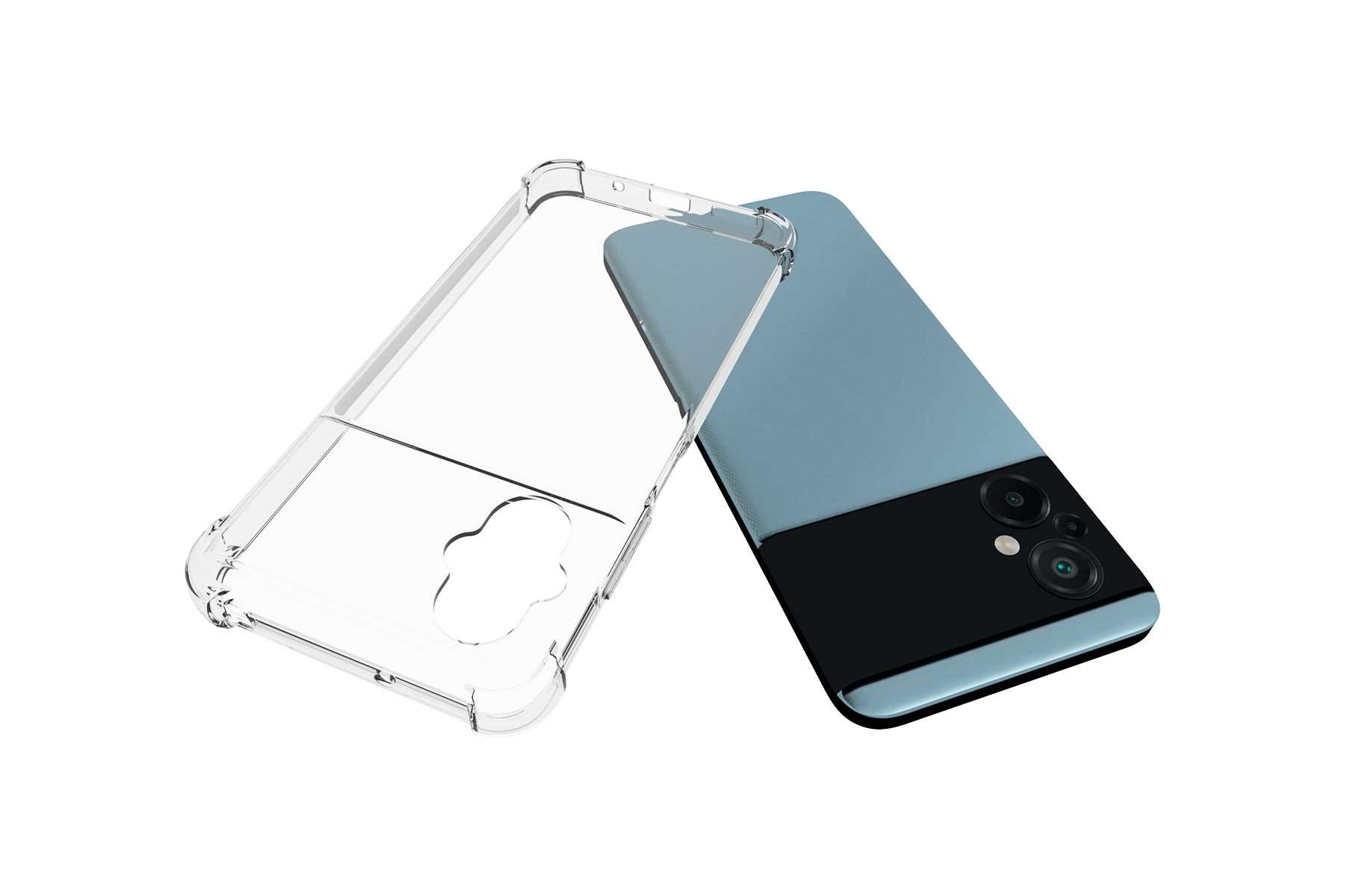 Transparente Handyhülle und ein Telefon. Das Telefon hat eine blaue Rückseite und einen schwarzen Kamerabereich.