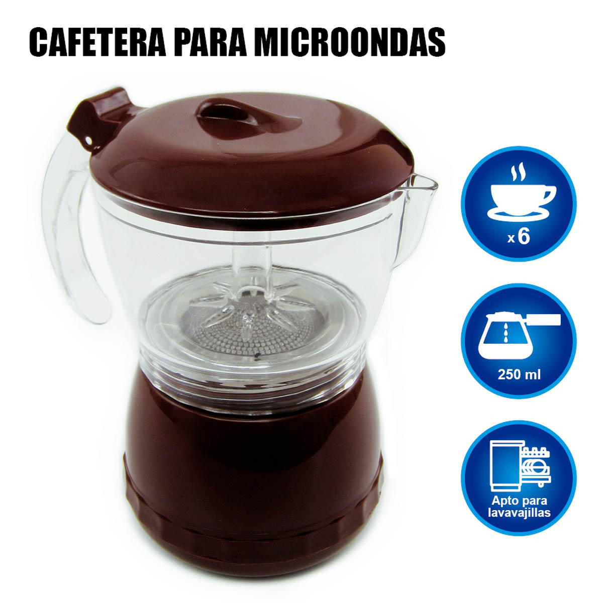Cafetera para microondas con iconos de tazas, café y apta para lavavajillas.