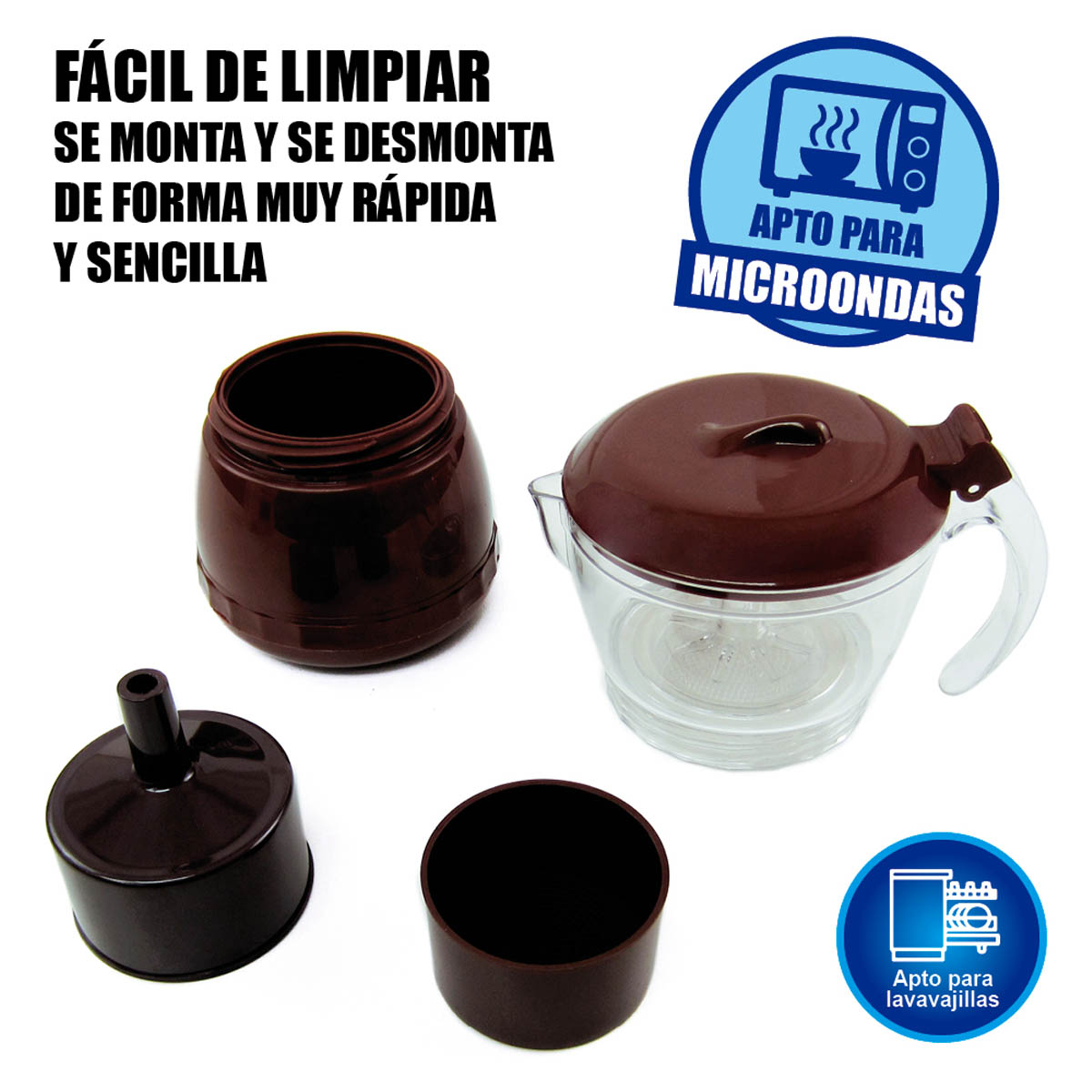 Tres partes de un recipiente para alimentos apto para microondas con texto en español. Marrón y transparente.
