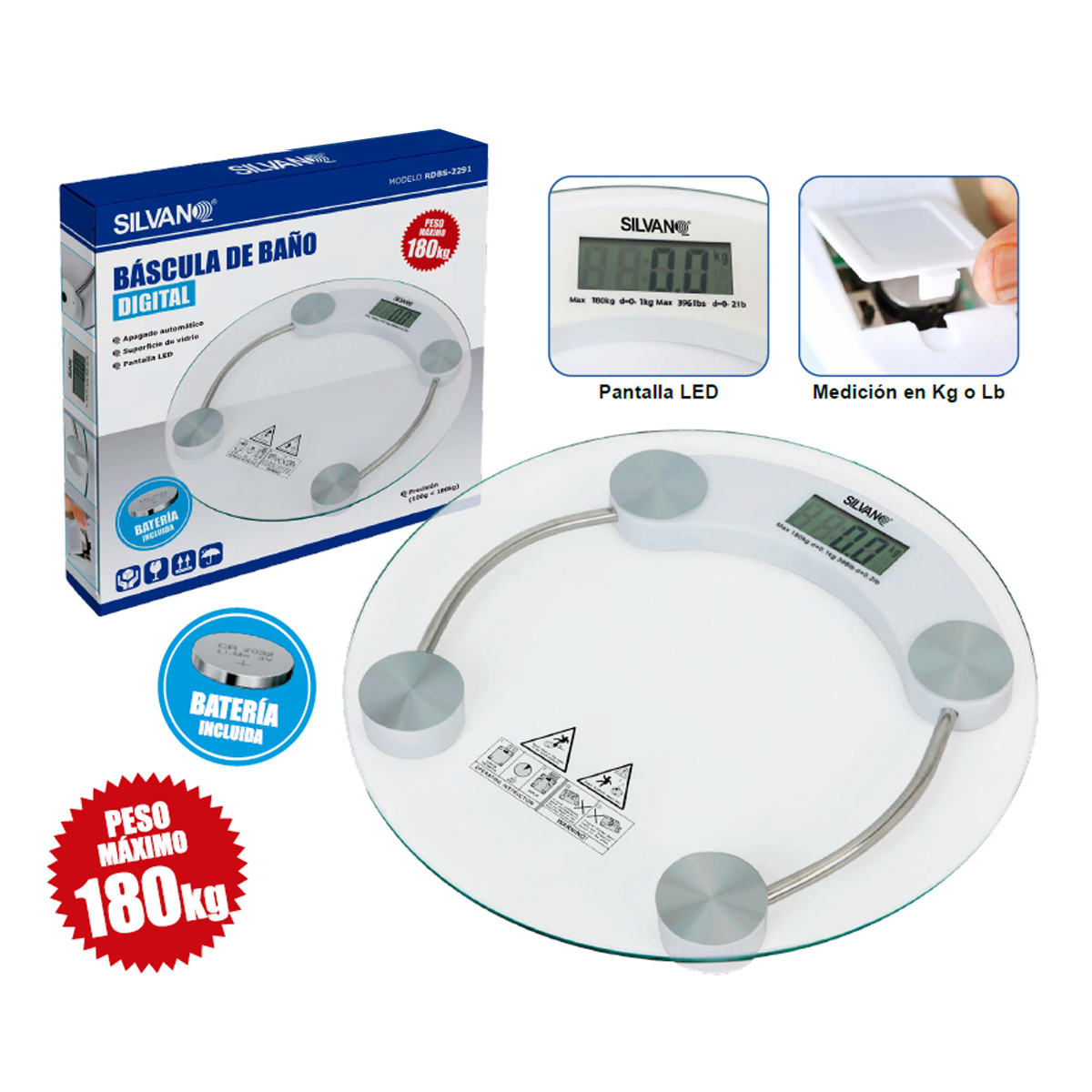 Báscula de baño digital con superficie de vidrio, caja con báscula, batería incluida y texto.
