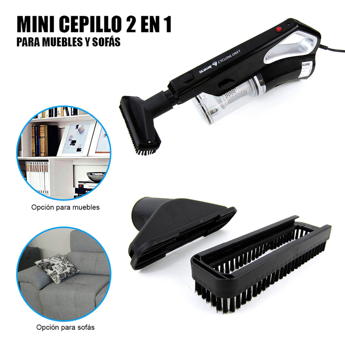 Una mini aspiradora 2 en 1 negra con accesorios para muebles y sofás.