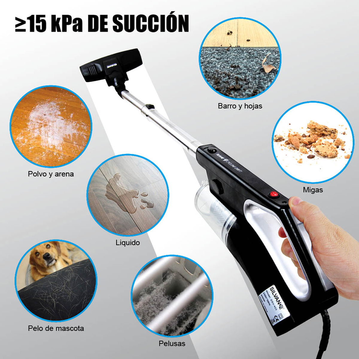 Aspiradora con varios objetivos de limpieza: polvo, agua, migas, pelo de mascota, etc. Texto en español.