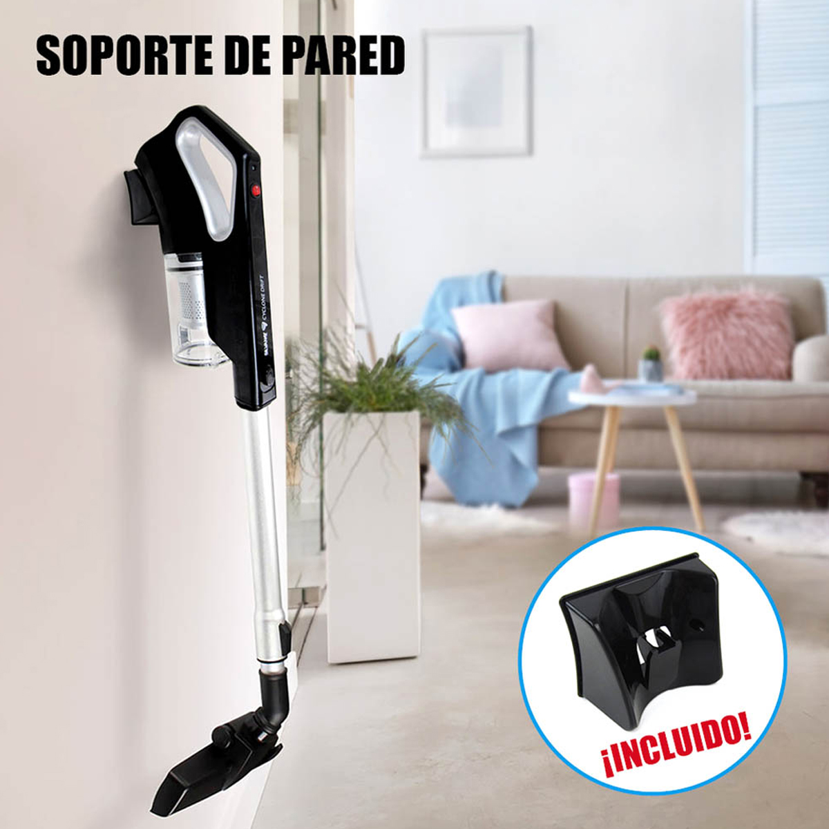 Una aspiradora fijada a un soporte de pared, con soporte extra incluido.