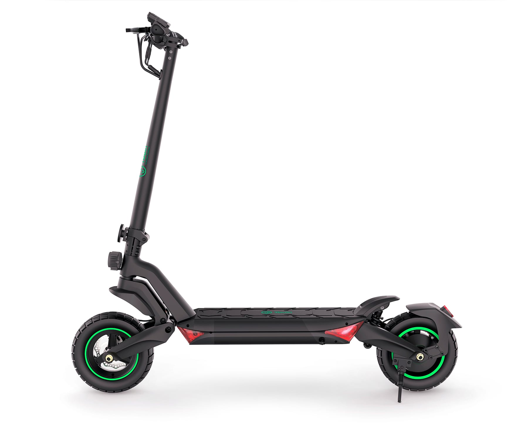 Un scooter eléctrico negro y verde. Tiene dos ruedas y un manillar. El fondo es blanco.