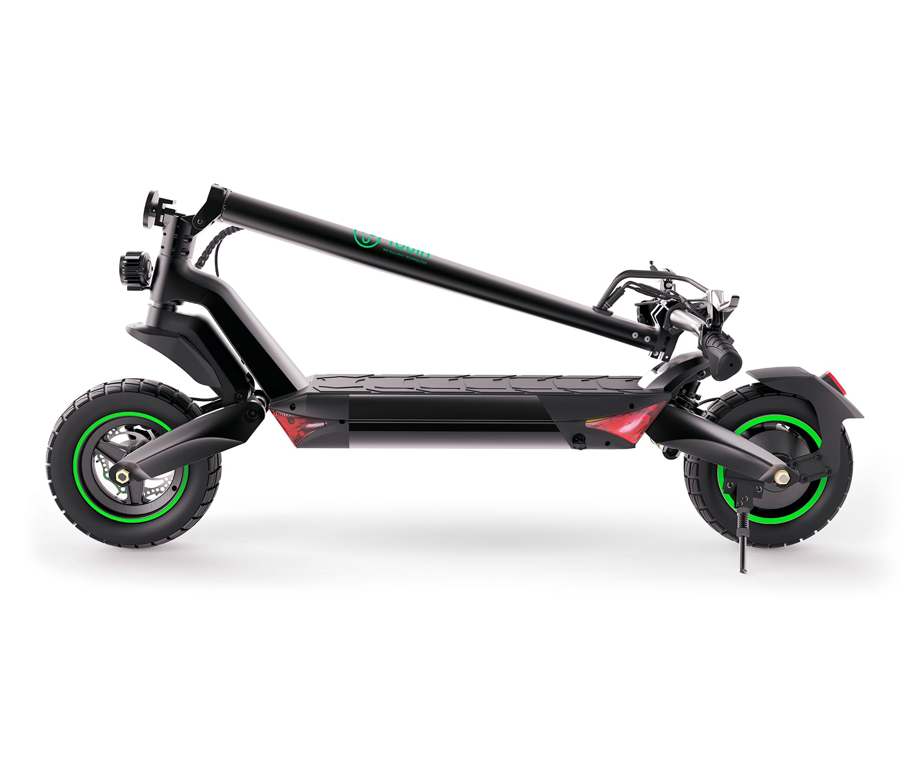 Un scooter eléctrico negro plegado, contra un fondo blanco con acentos verdes en las ruedas.