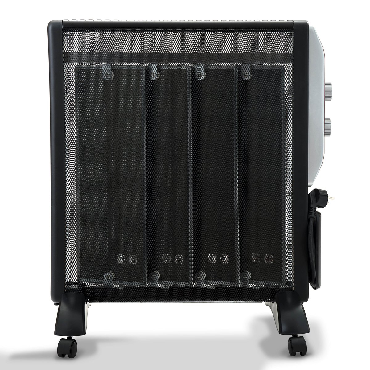 Calentador eléctrico negro con frontal de malla, panel lateral gris y mandos.