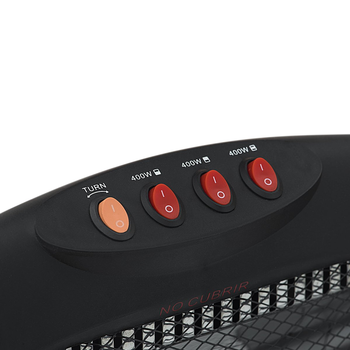Primer plano del panel de control del calentador con botones de encendido rojos y un botón giratorio naranja.