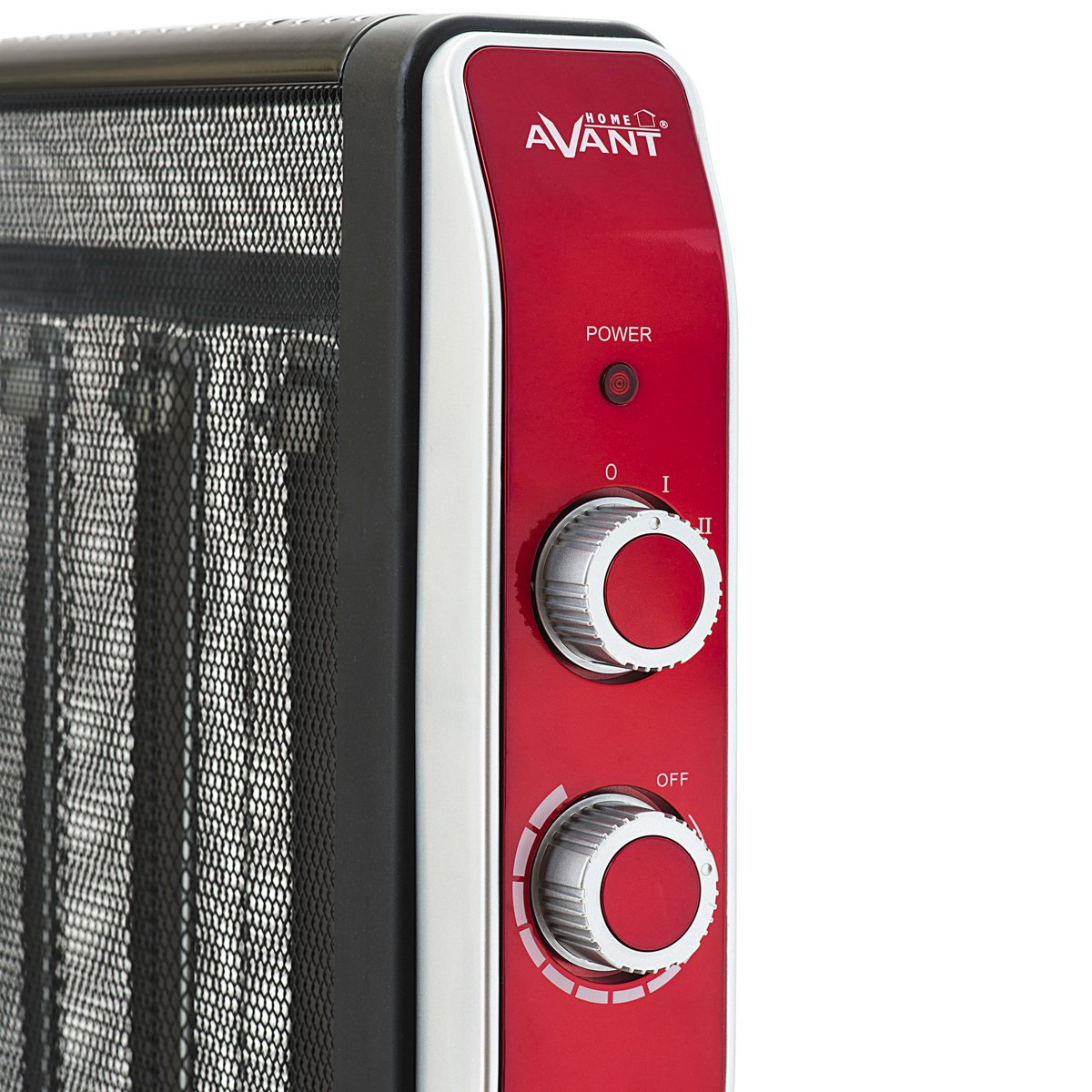 Calentador Home Avant rojo y negro. Tiene dos diales giratorios y una luz indicadora de encendido.