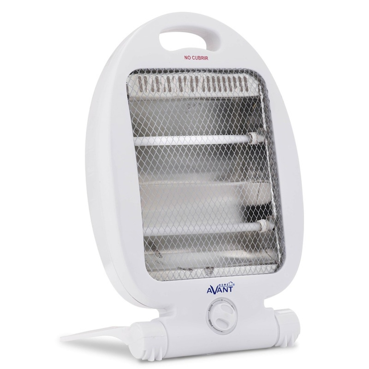 Calentador eléctrico blanco con rejilla de seguridad y base.
