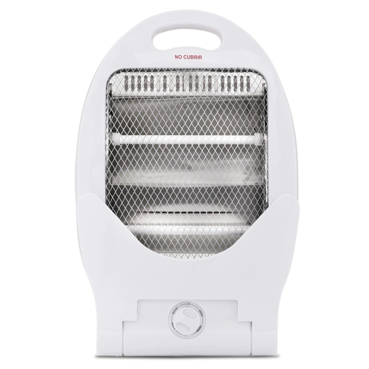 Calentador eléctrico blanco con rejilla de seguridad y dial para ajustar la potencia.