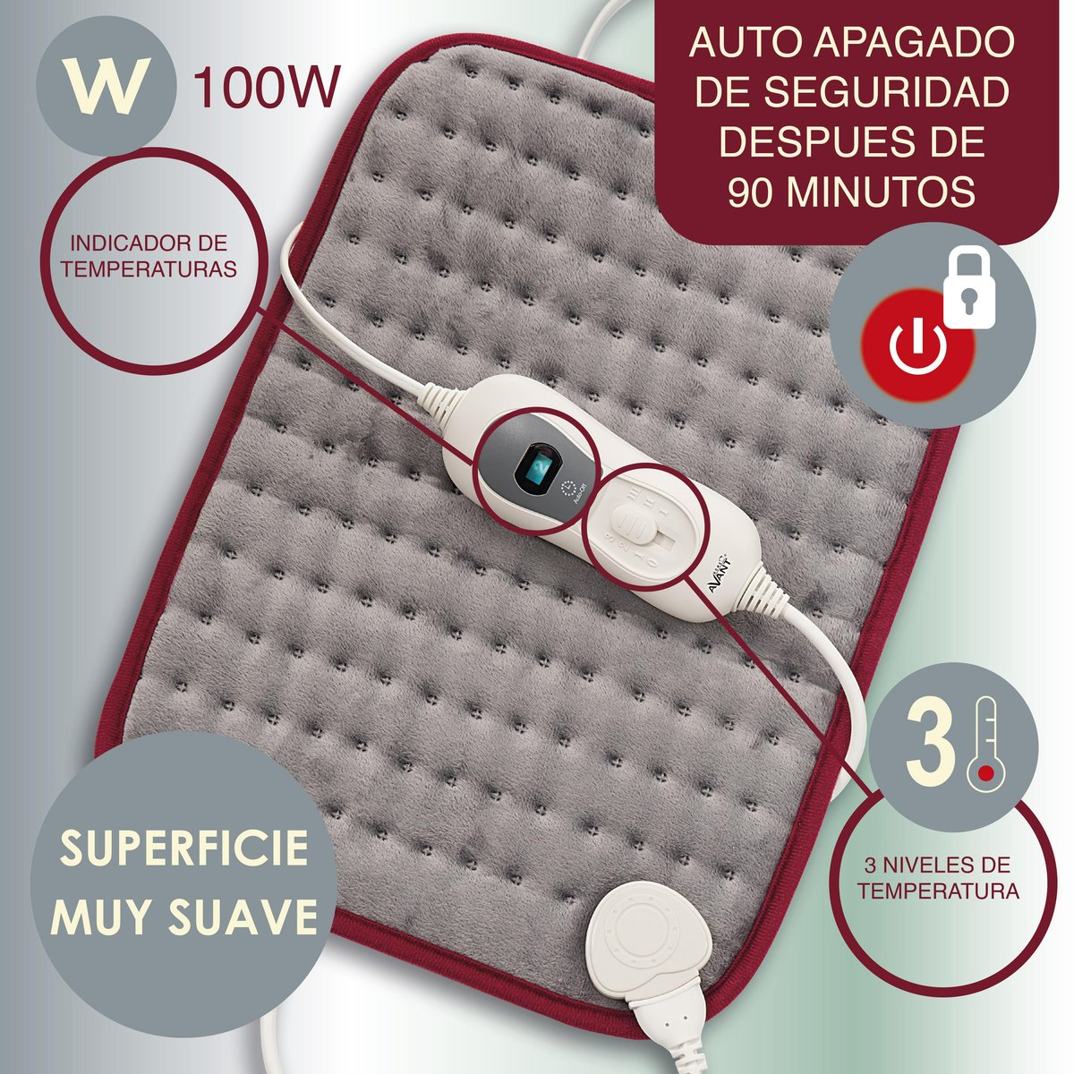 Manta térmica con panel de control, texto en español y borde rojo. Superficie gris, fondo blanco.