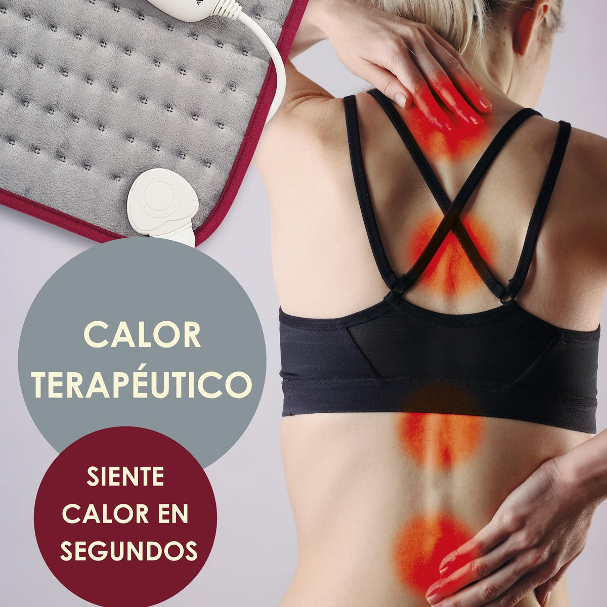 Mujer con almohadilla térmica en la espalda. Zonas de dolor resaltadas en rojo. Texto: calor terapéutico.
