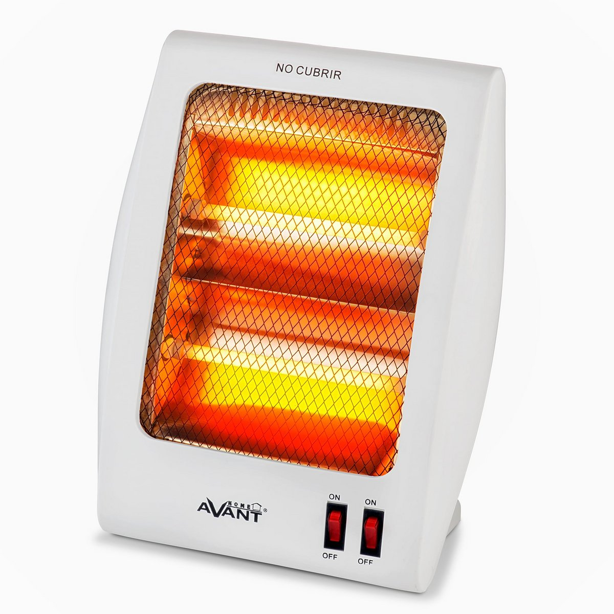 Calentador eléctrico blanco con interruptores rojos, una rejilla frontal y un brillo cálido.