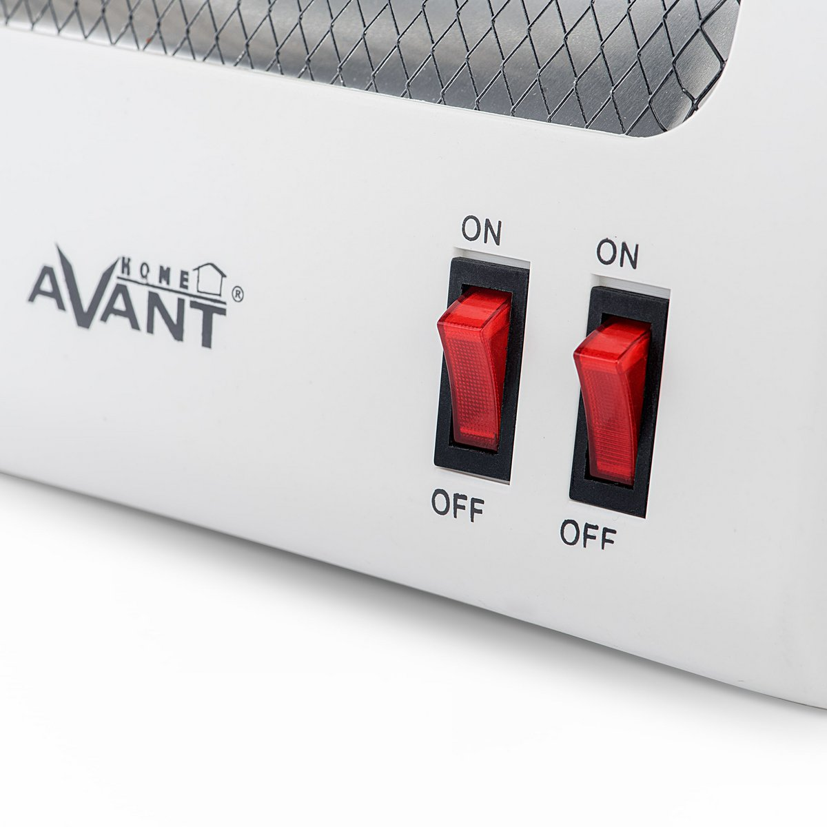 Electrodoméstico blanco con dos interruptores rojo de encendido/apagado, etiquetados como 'ON' y 'OFF'.