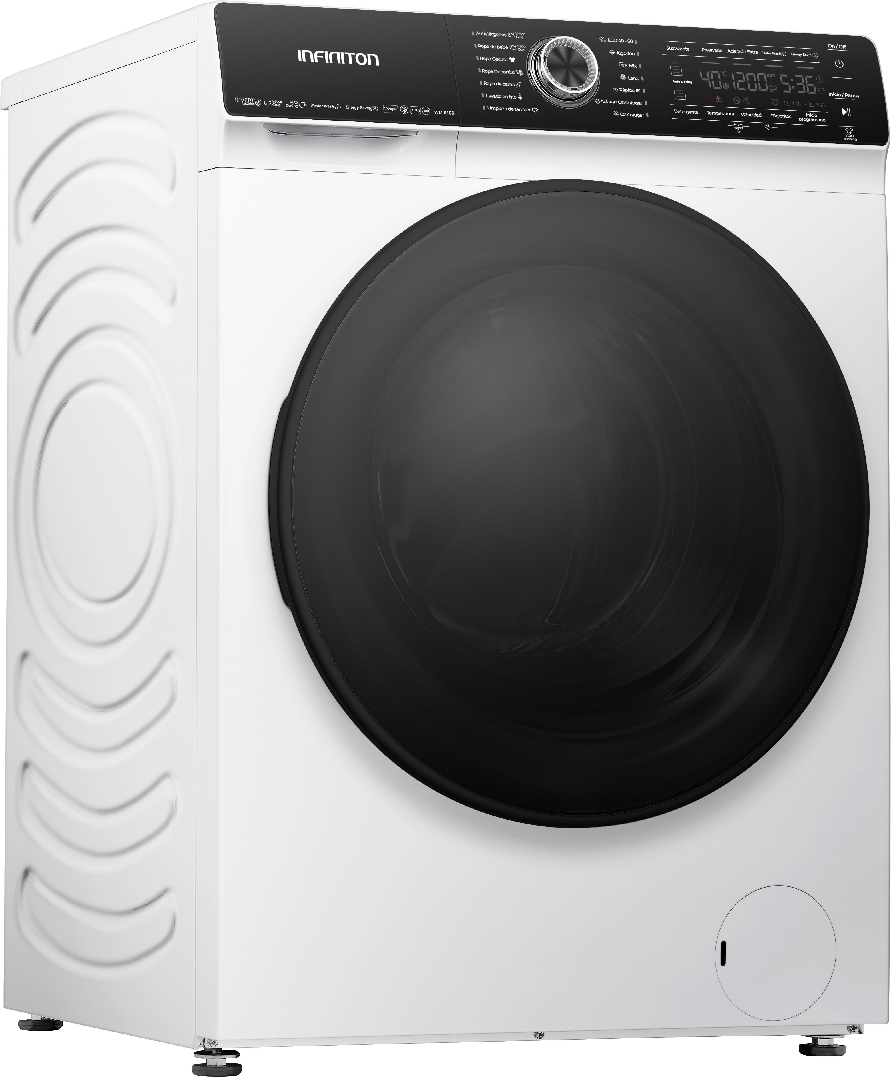 Una lavadora blanca con puerta negra y panel de control. Está sobre un fondo blanco.