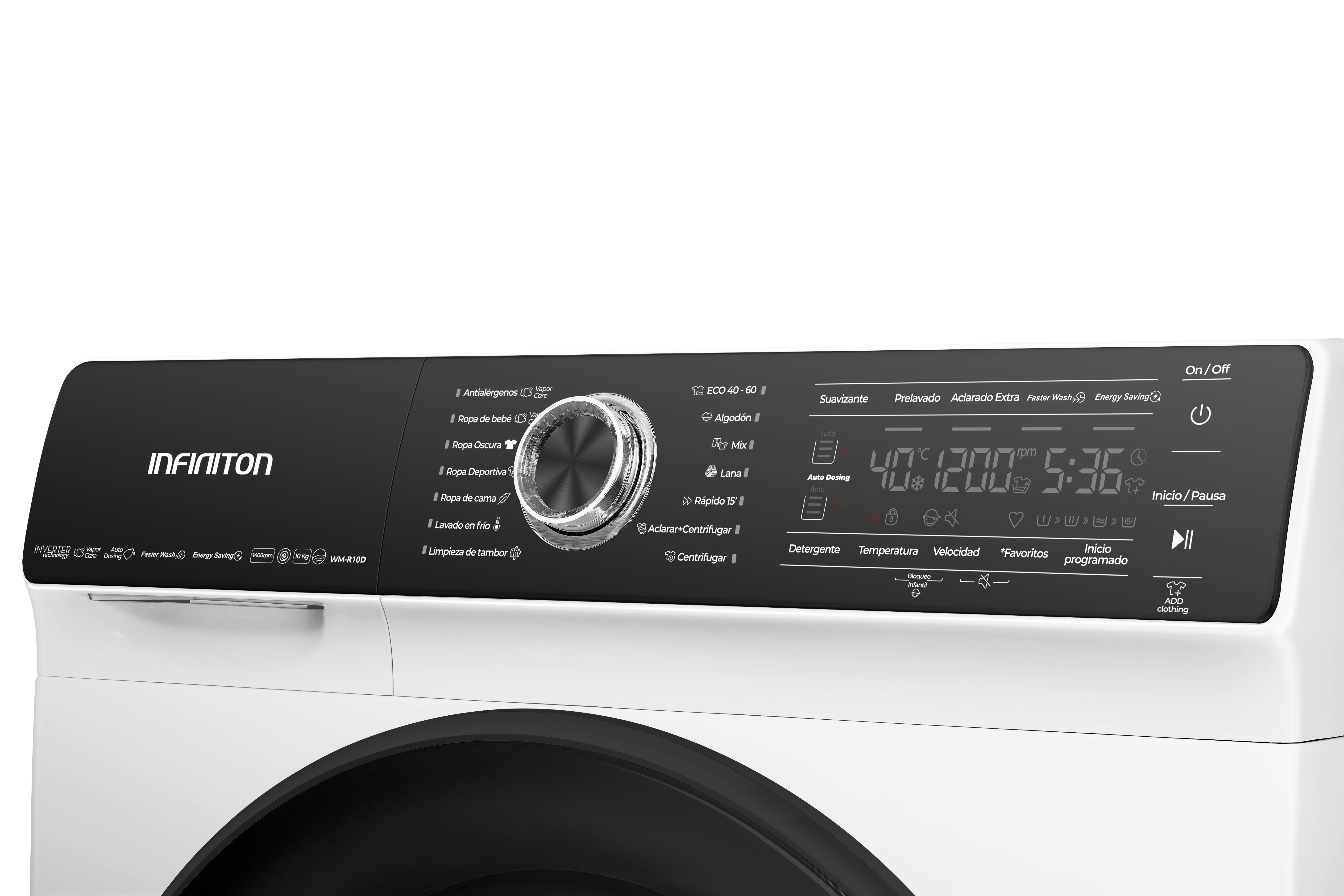 Un primer plano del panel de control de una lavadora. Es blanco con una pantalla digital y varios botones.