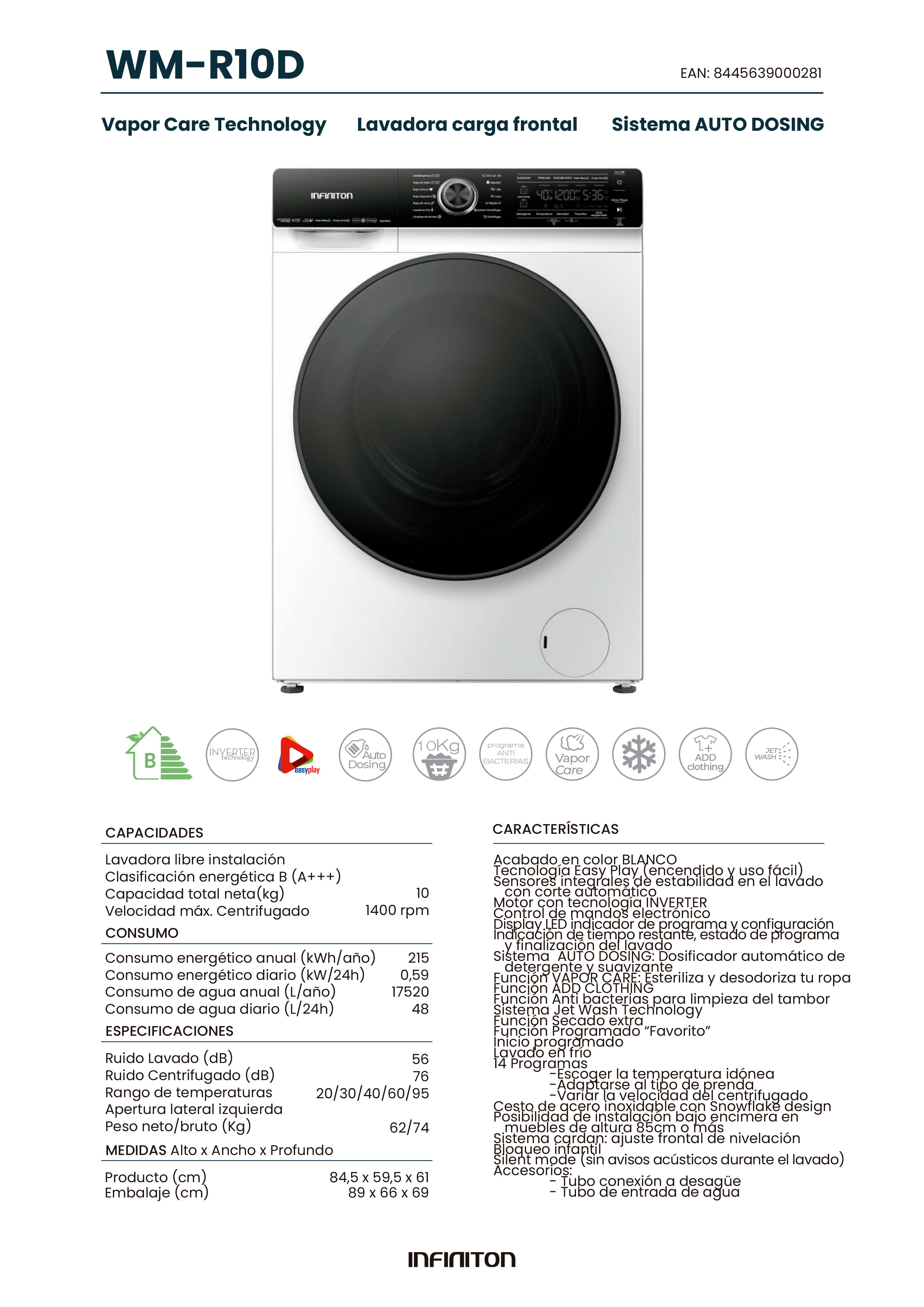 Una lavadora blanca con puerta negra y panel de control. La máquina tiene texto en español.