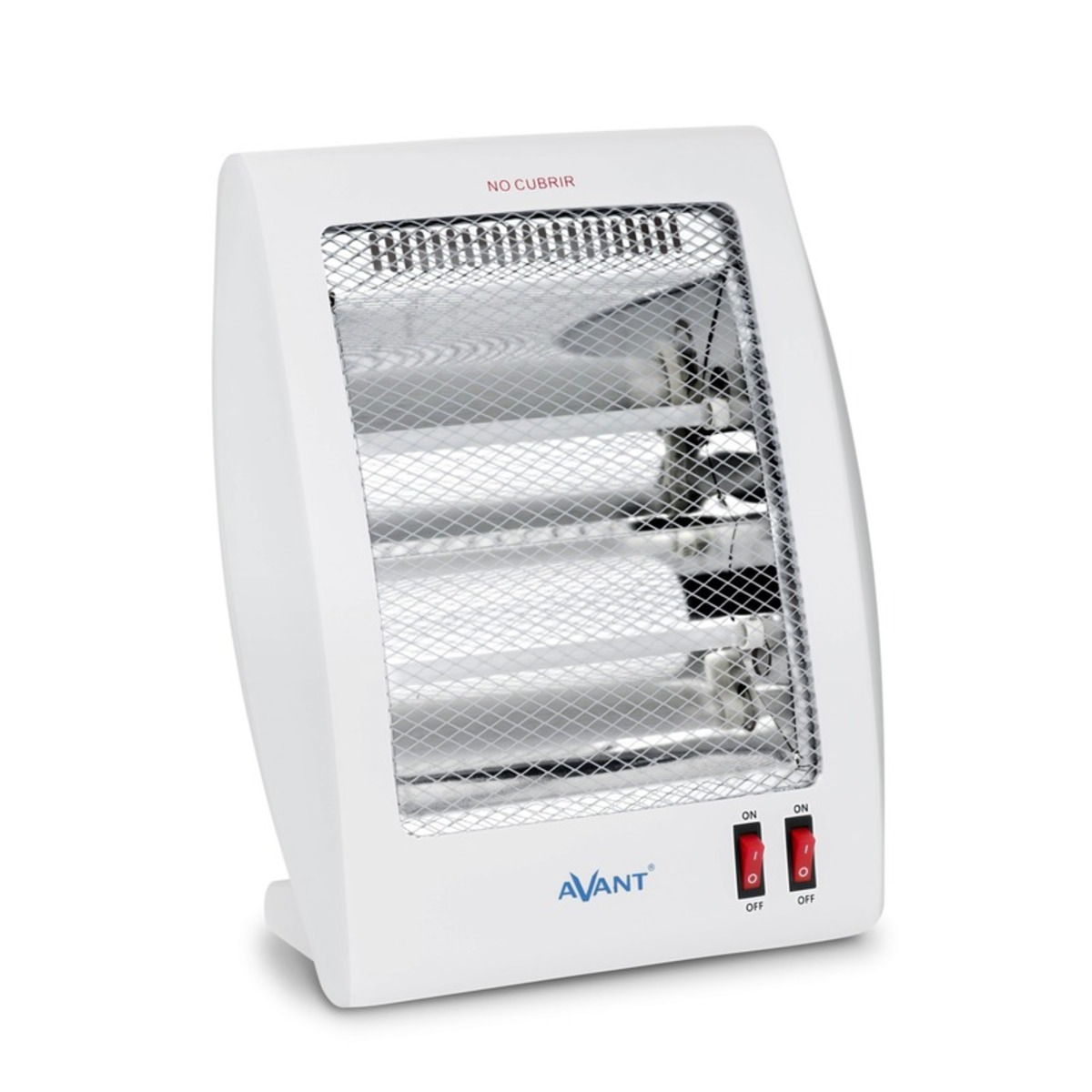 Calentador eléctrico blanco con rejilla frontal e interruptores rojos. Parte superior negra, en ángulo.