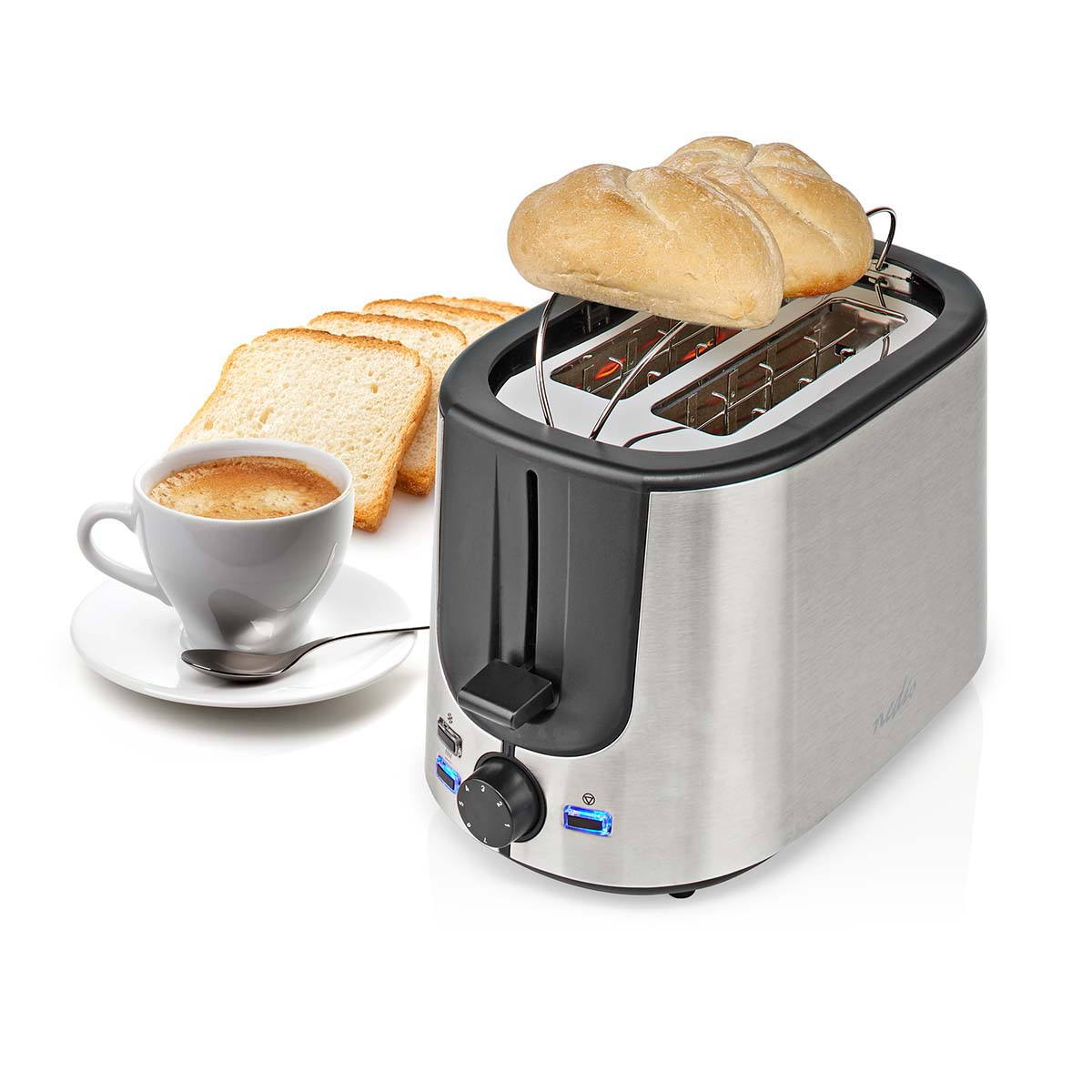 Toaster mit Brot, Kaffee und Brötchen. Weißer Hintergrund.