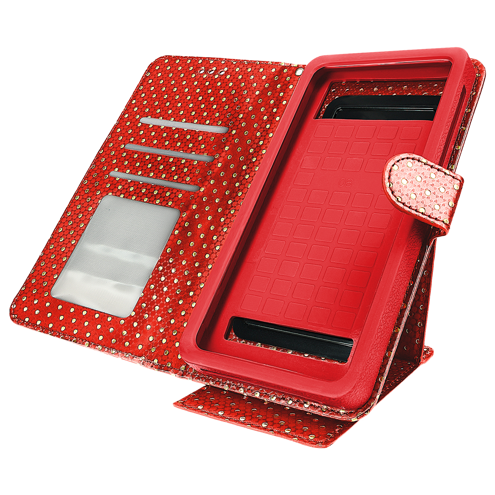 Custodia per telefono rossa, aperta. Mostra telefono in cornice rossa con punti oro. Custodia aperta.