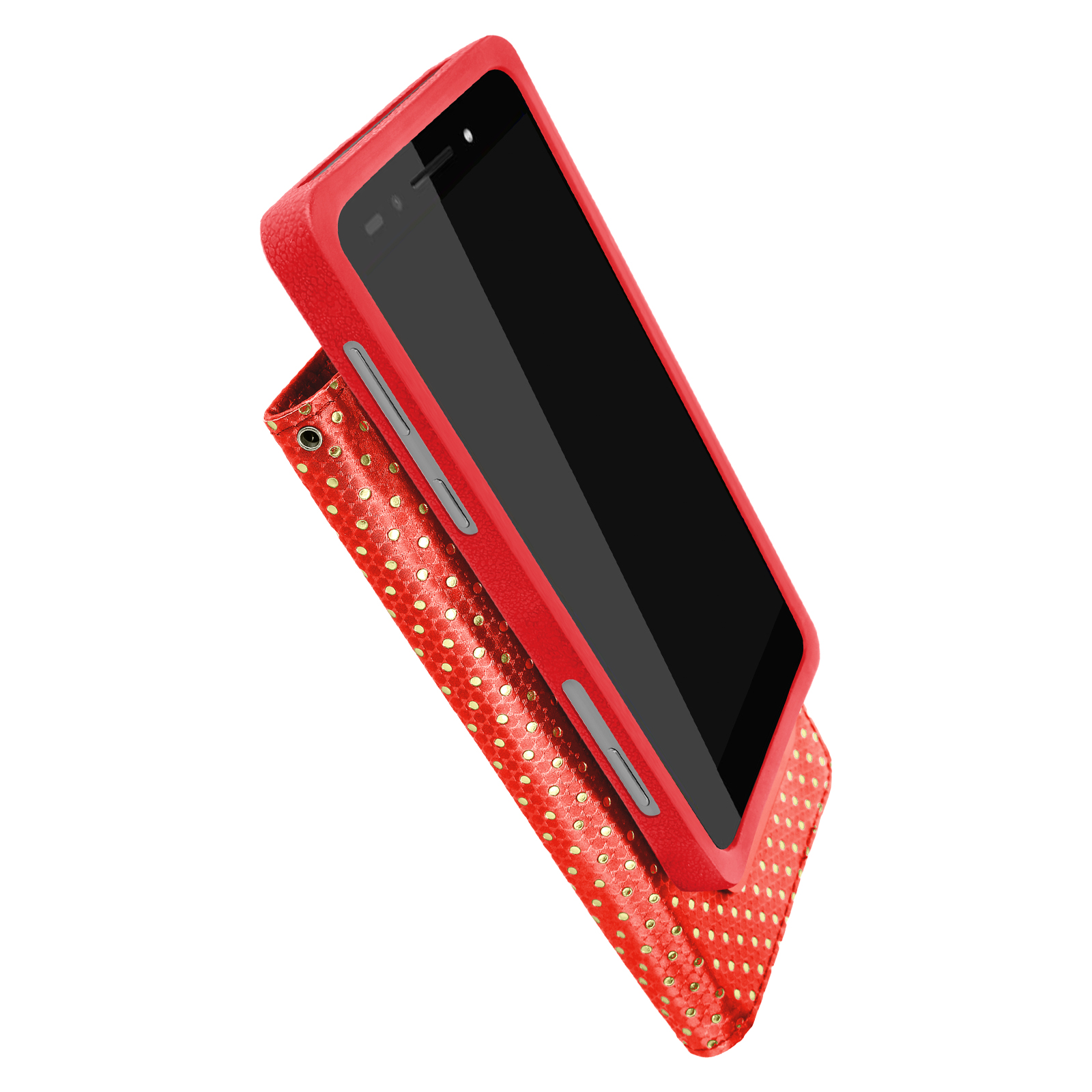 Custodia rossa, aperta, con un telefono dentro. La custodia ha un motivo a pois.