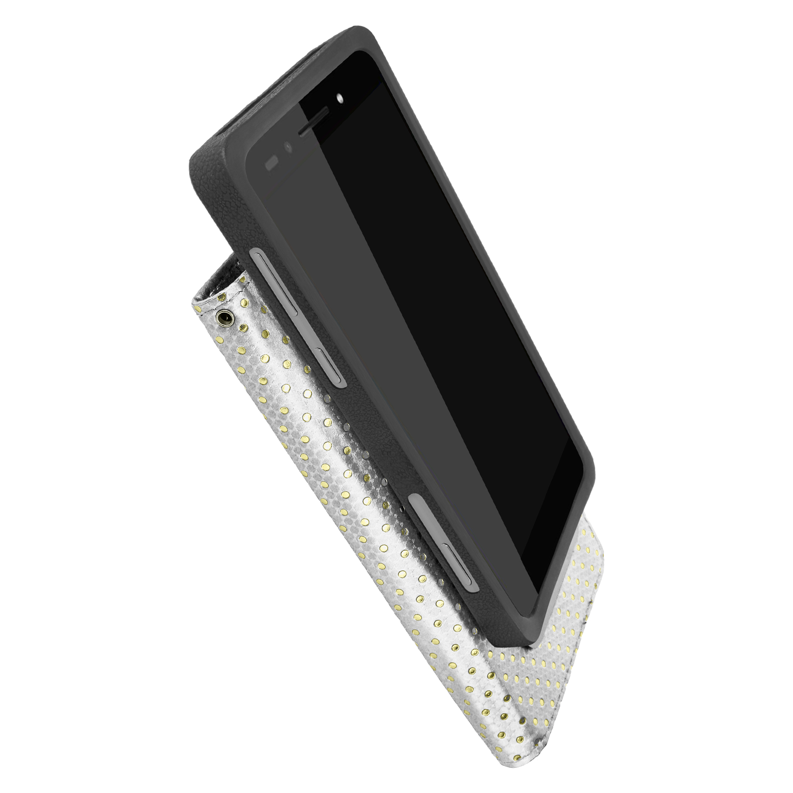 Smartphone nero in una custodia protettiva, aperto, vista angolata.