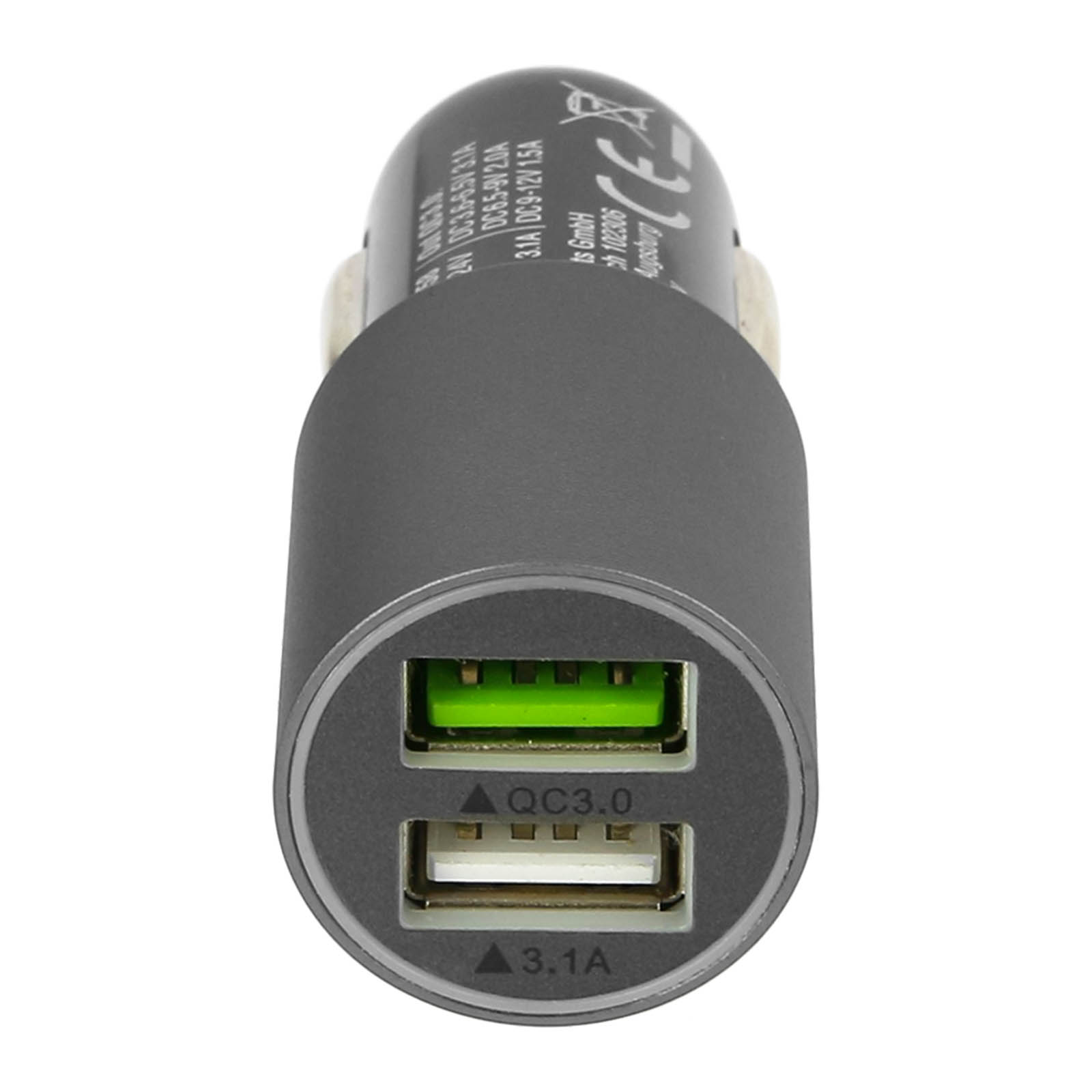 Ein Autoladegerät mit zwei USB-Anschlüssen, einem grünen und einem schwarzen Gehäuse.