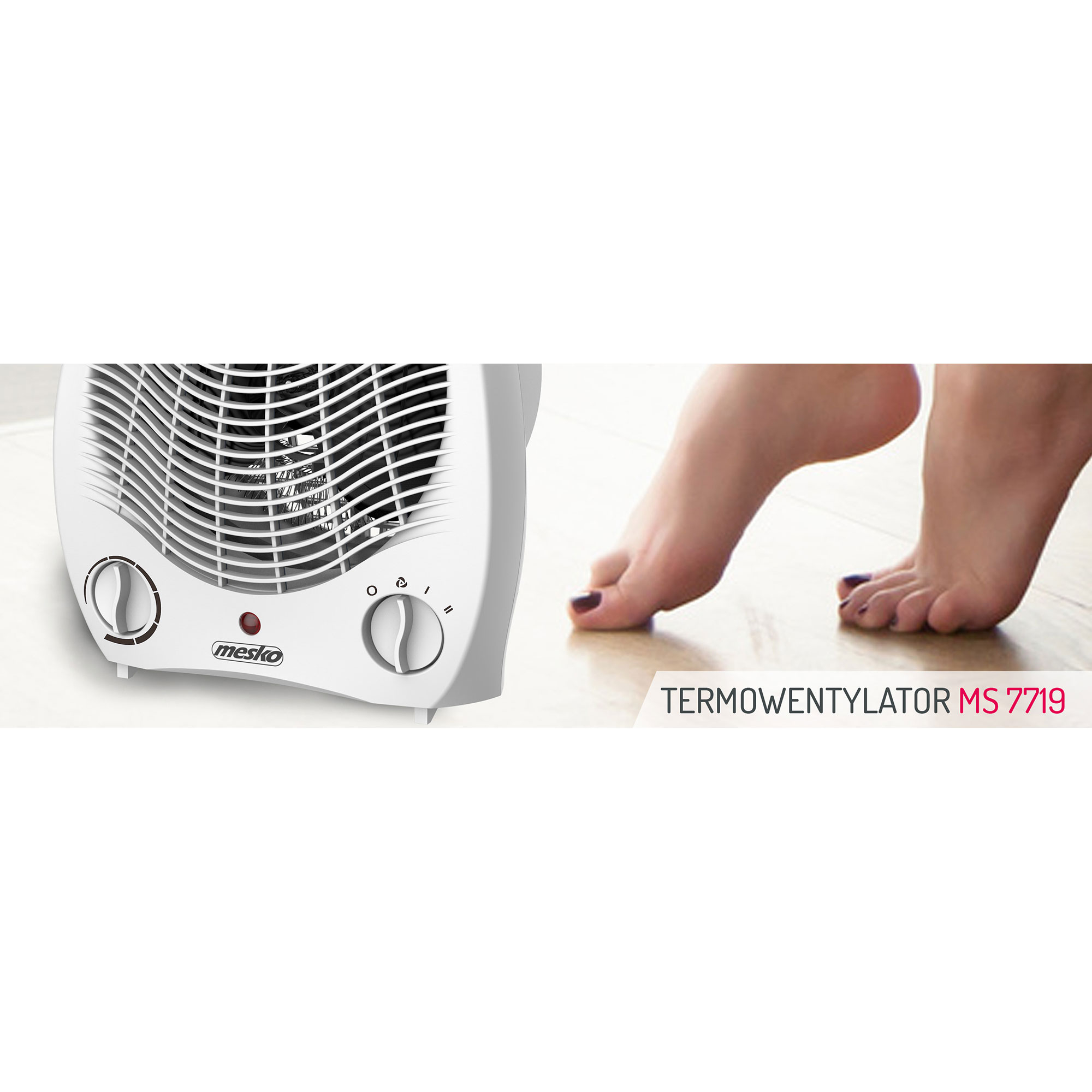 Ventilador eléctrico blanco con pies junto a los pies de una persona en el suelo. Pies pintados.
