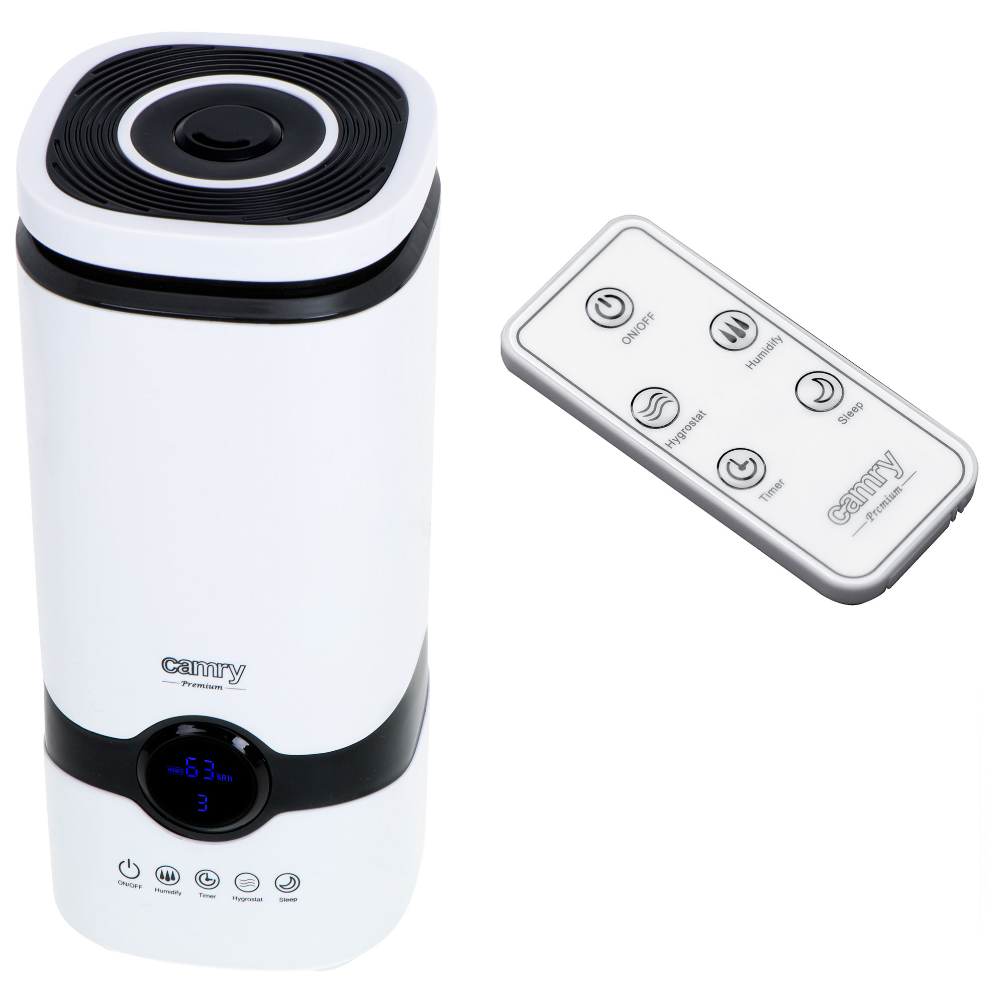 Biały nawilżacz z pilotem. Nawilżacz znajduje się na białym tle.