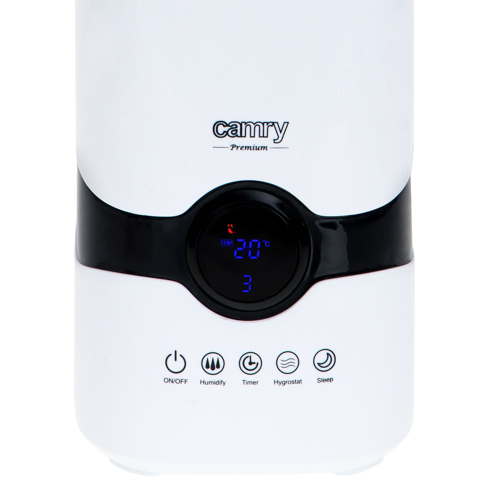 Biały nawilżacz z czarnym paskiem i wyświetlaczem cyfrowym. Pokazuje temperaturę i kilka ikon.