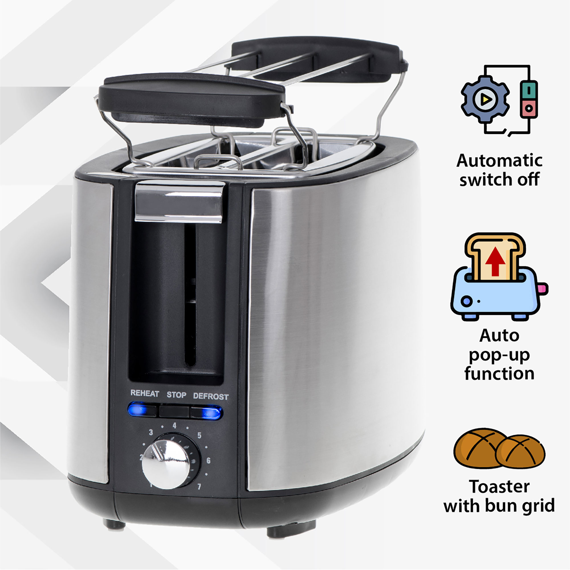 Toster ze stali nierdzewnej z ustawieniami i schematami dla automatycznego wyłączania i wyskakiwania.