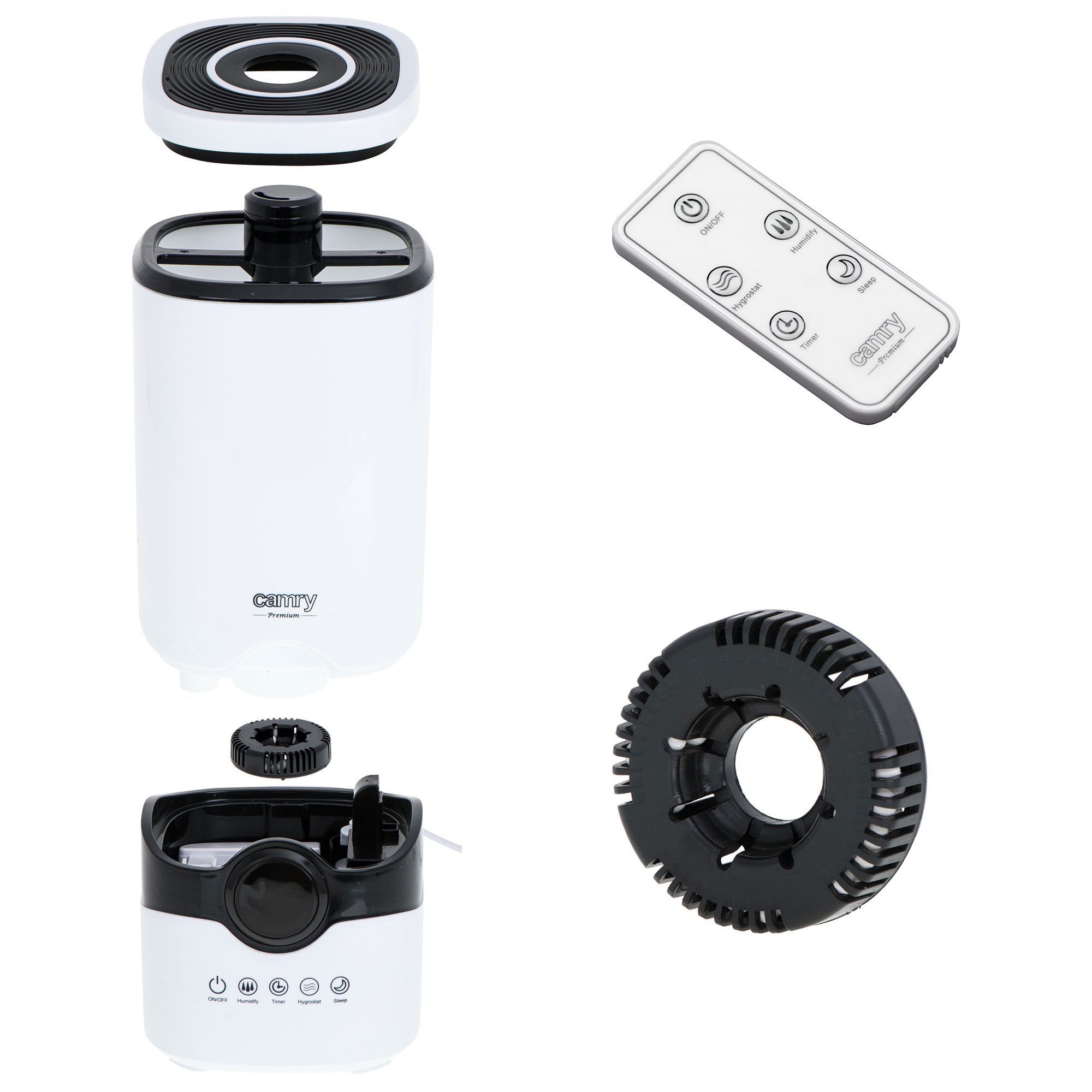 Biało-czarny oczyszczacz powietrza zdemontowany, z pilotem i częściami, na białym tle.