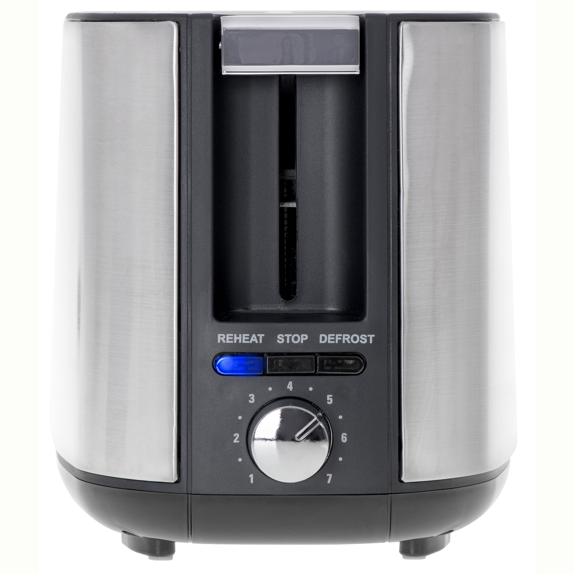 Srebrno-czarny toster z pokrętłem i przyciskami podgrzewania, stop, rozmrażania na białym tle.