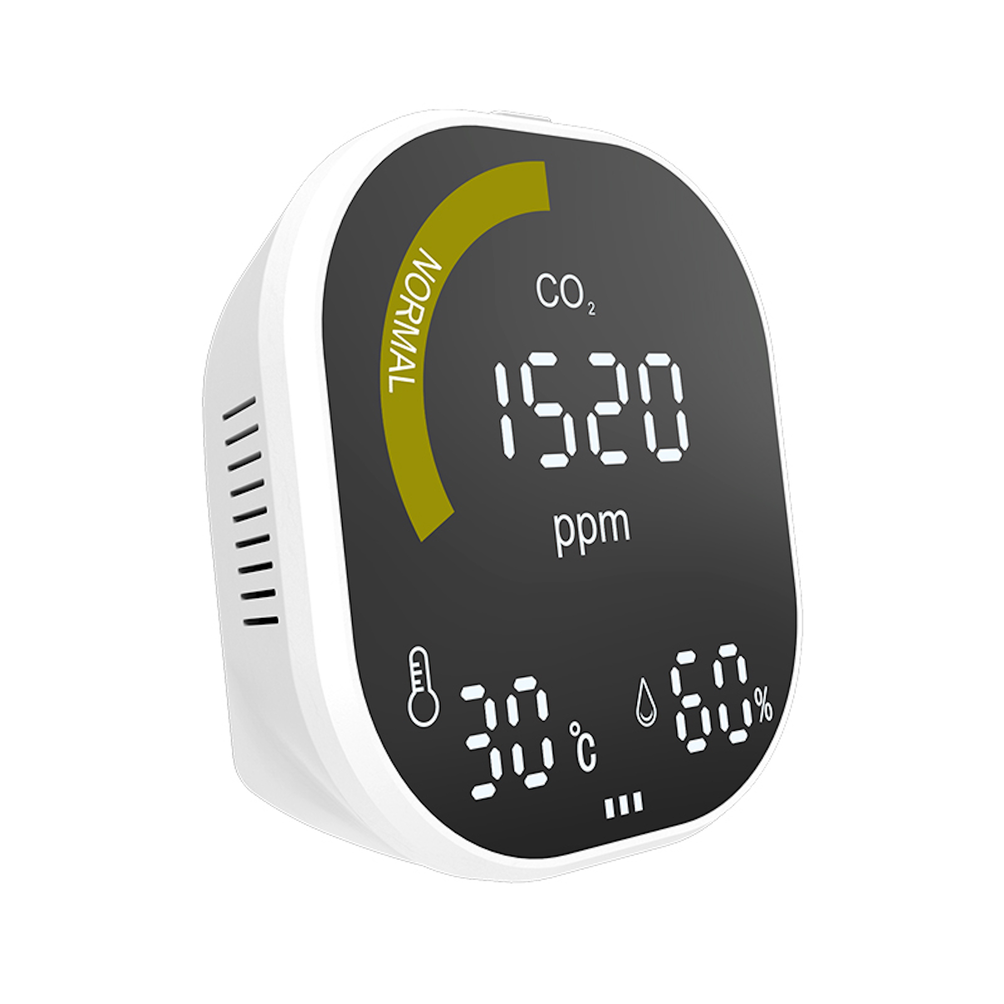 Monitor de calidad del aire rectangular blanco. Muestra temperatura, humedad y niveles de CO2.