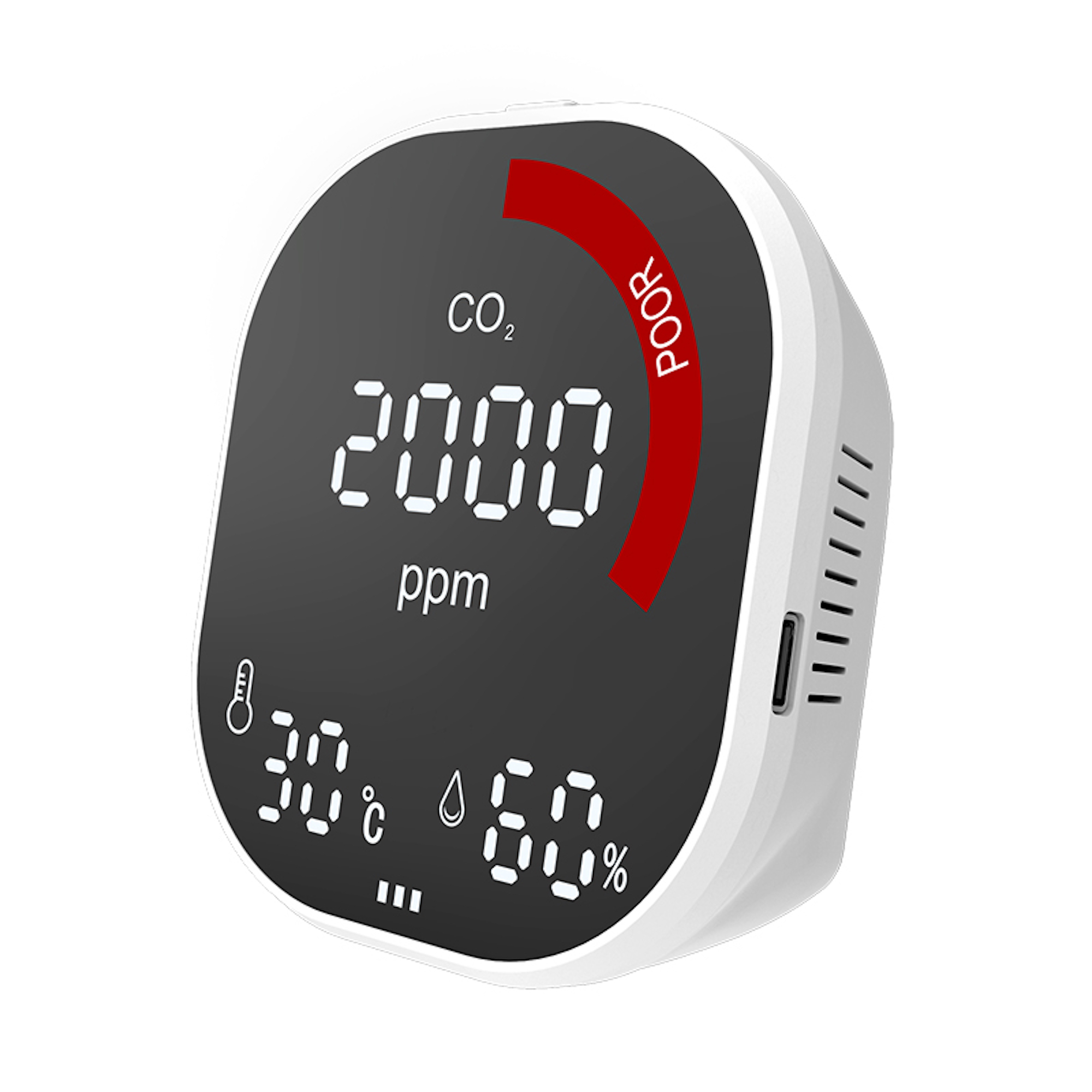 Monitor de calidad del aire blanco. Muestra el nivel de CO2, la temperatura y la humedad.