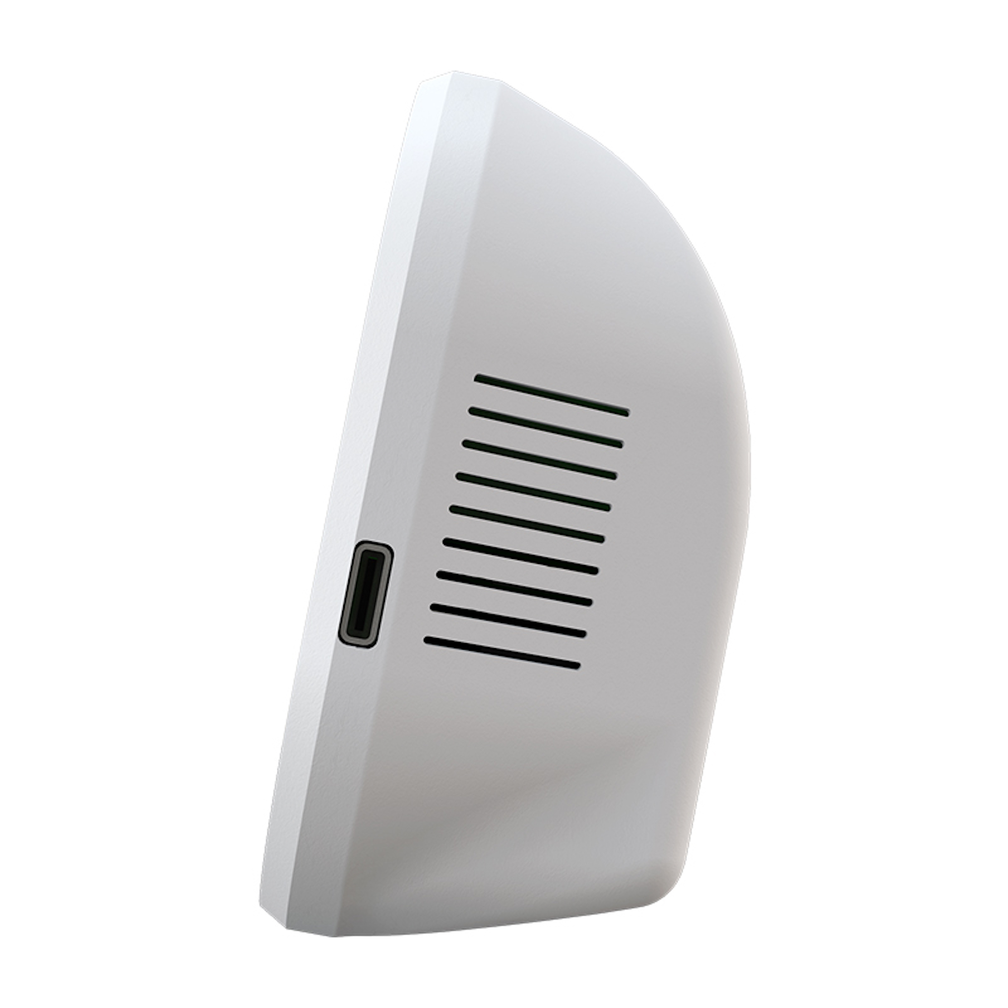 Un dispositivo blanco con una ranura, una serie de ventilaciones y un diseño curvo.