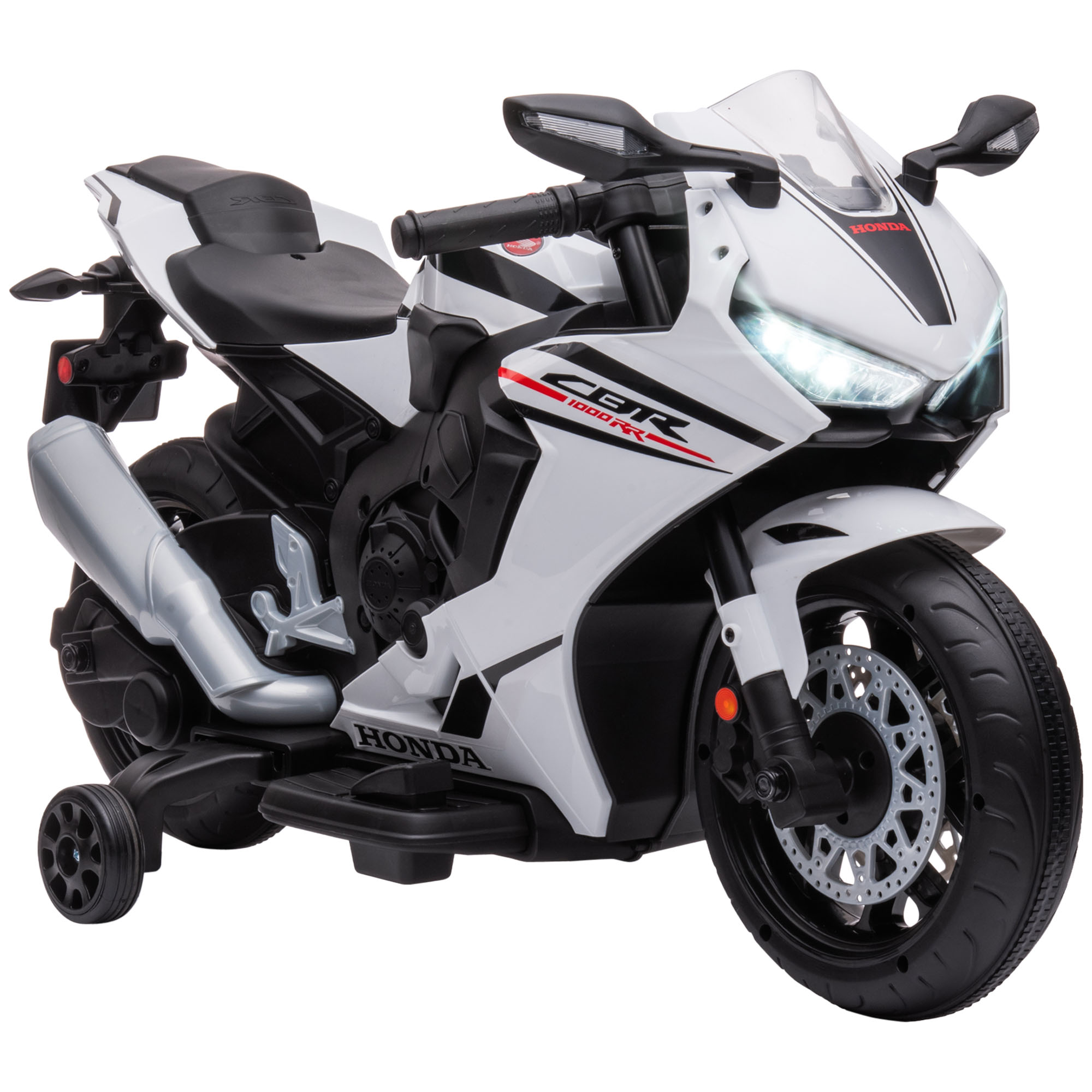 Moto giocattolo bianca e nera, con rotelle, luci accese e marchio HONDA.