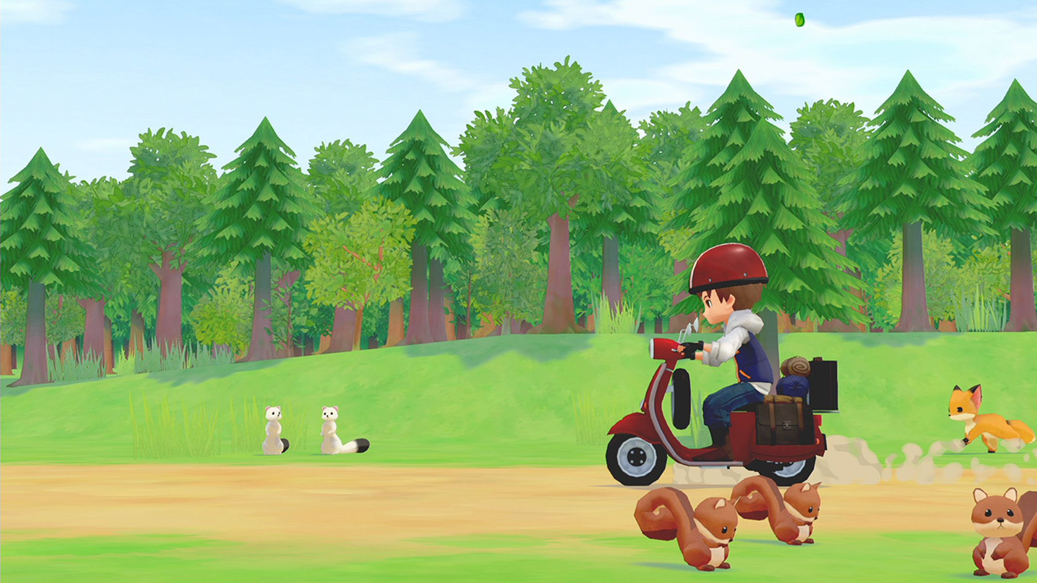 Ein Mann auf einem roten Roller fährt durch ein Feld. Eichhörnchen und ein Fuchs sind vorhanden.