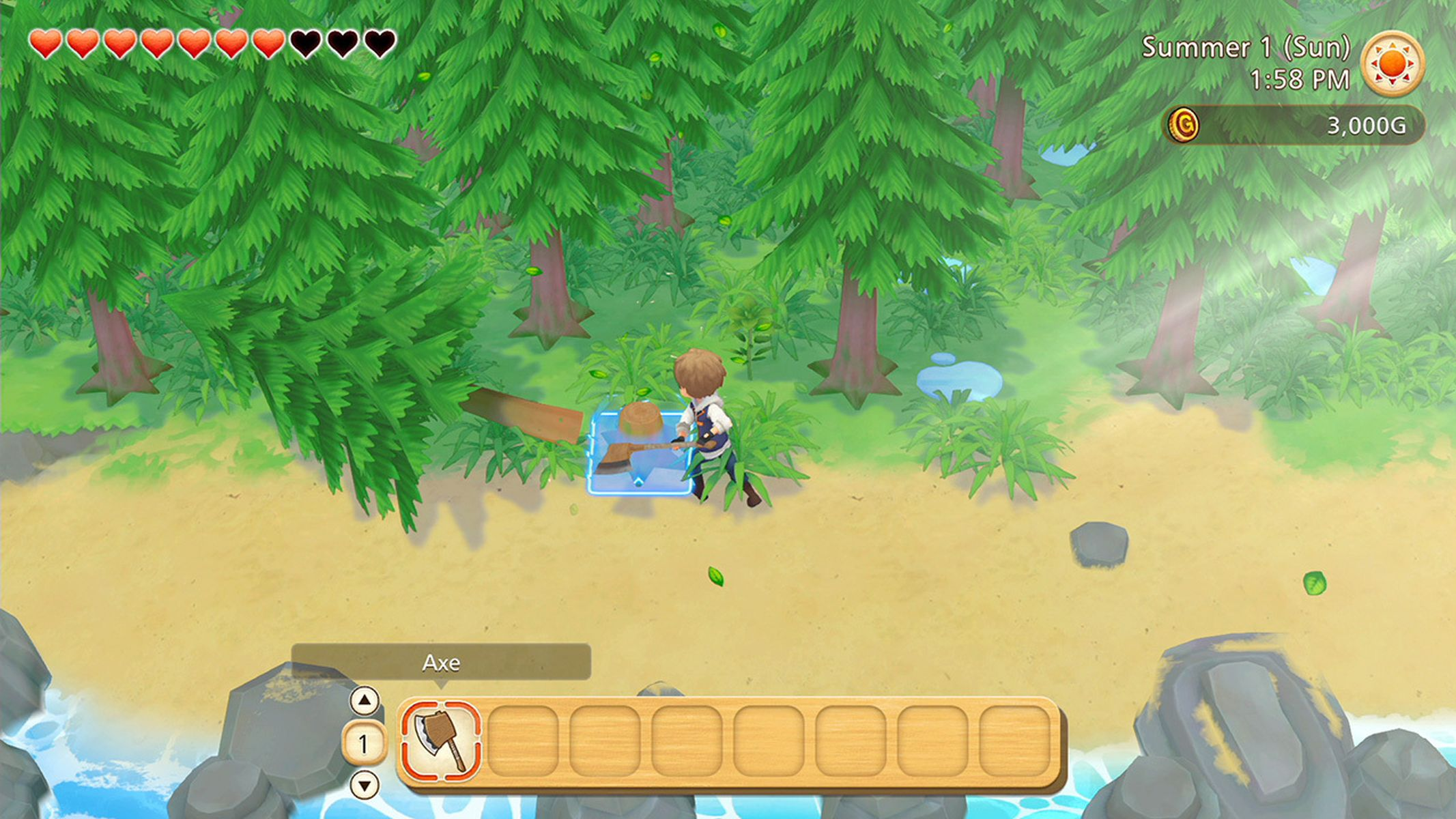 Eine Person in einem Videospiel hackt Holz mit einer Axt an einem Strand mit Bäumen und Wasser.