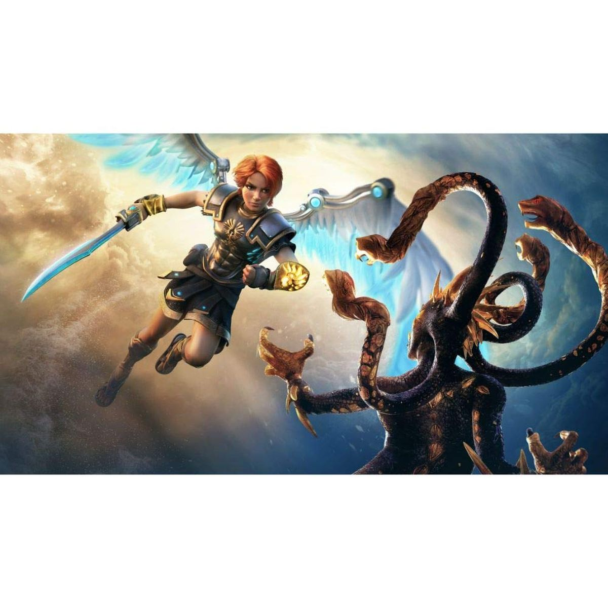 Ein Krieger mit Flügeln und Schwert kämpft in einer Fantasy-Szene mit einem mehrköpfigen Monster.