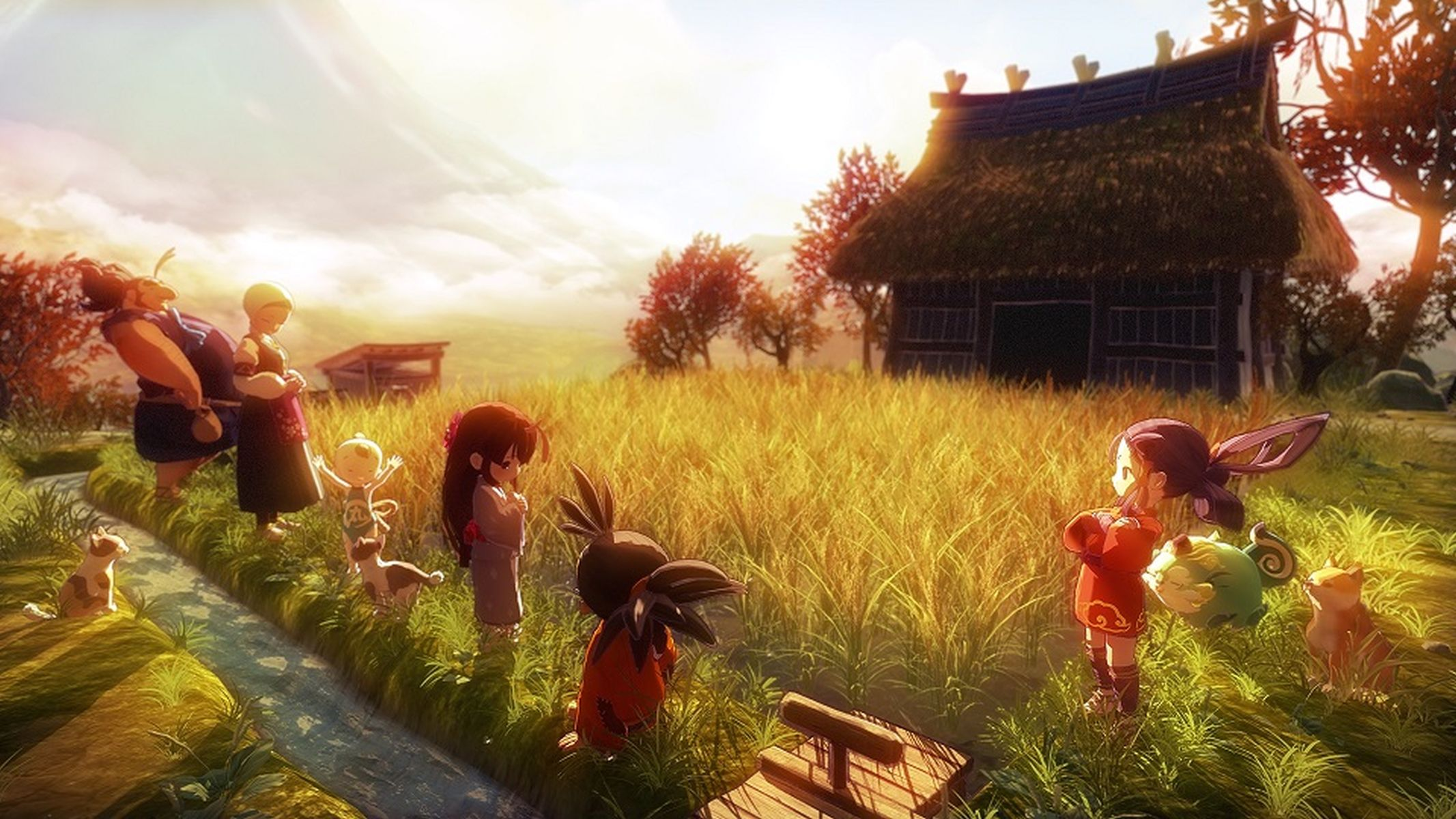 Szene im Anime-Stil: Figuren auf einem Feld, ein traditionelles Haus und ein Bach. Warmes Sonnenlicht.