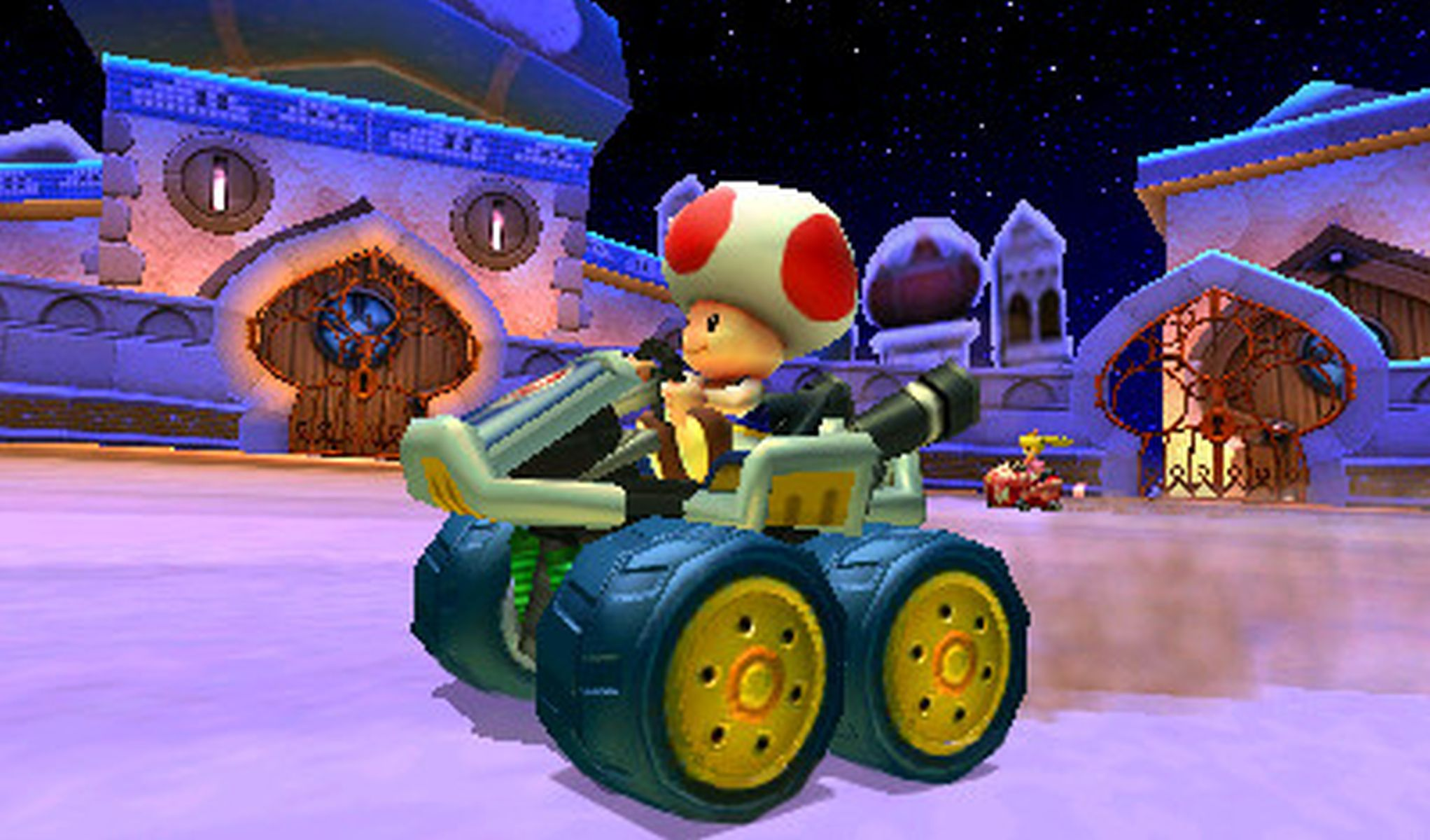 Toad fährt ein Kart in einer schneebedeckten, fantasievollen Umgebung.