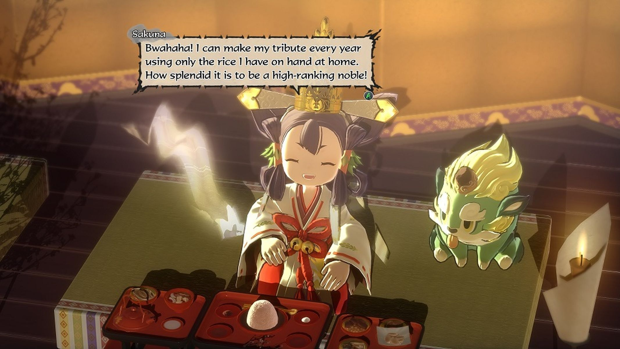 Anime-Szene. Ein Mädchen in Kimono mit Sprechblase. Eine grüne Kreatur ist an der Seite.
