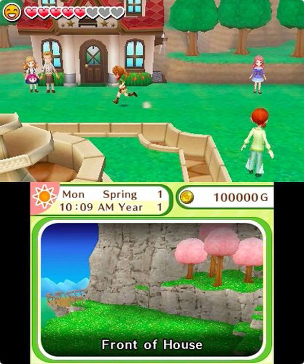 Spielszene aus Harvest Moon. Charaktere, Haus und Landschaft.