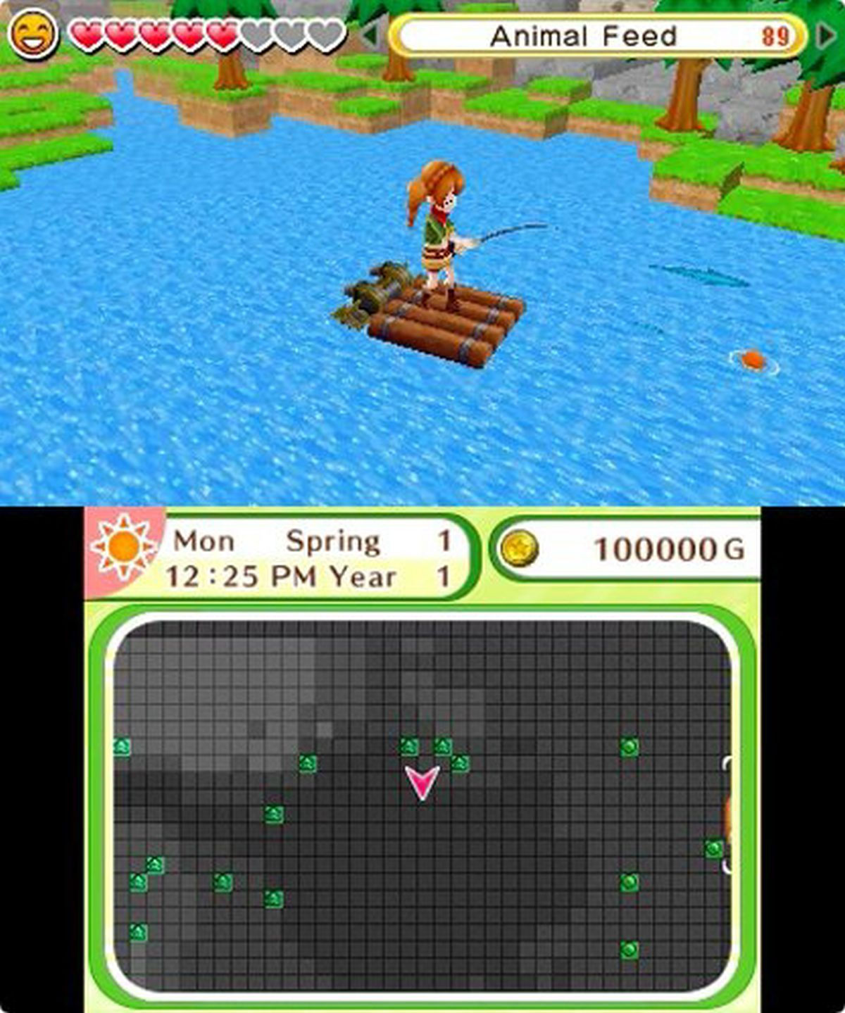 Eine Person fischt in einem Videospiel von einem Floß aus. Grüne Bäume und Wasser umgeben sie.