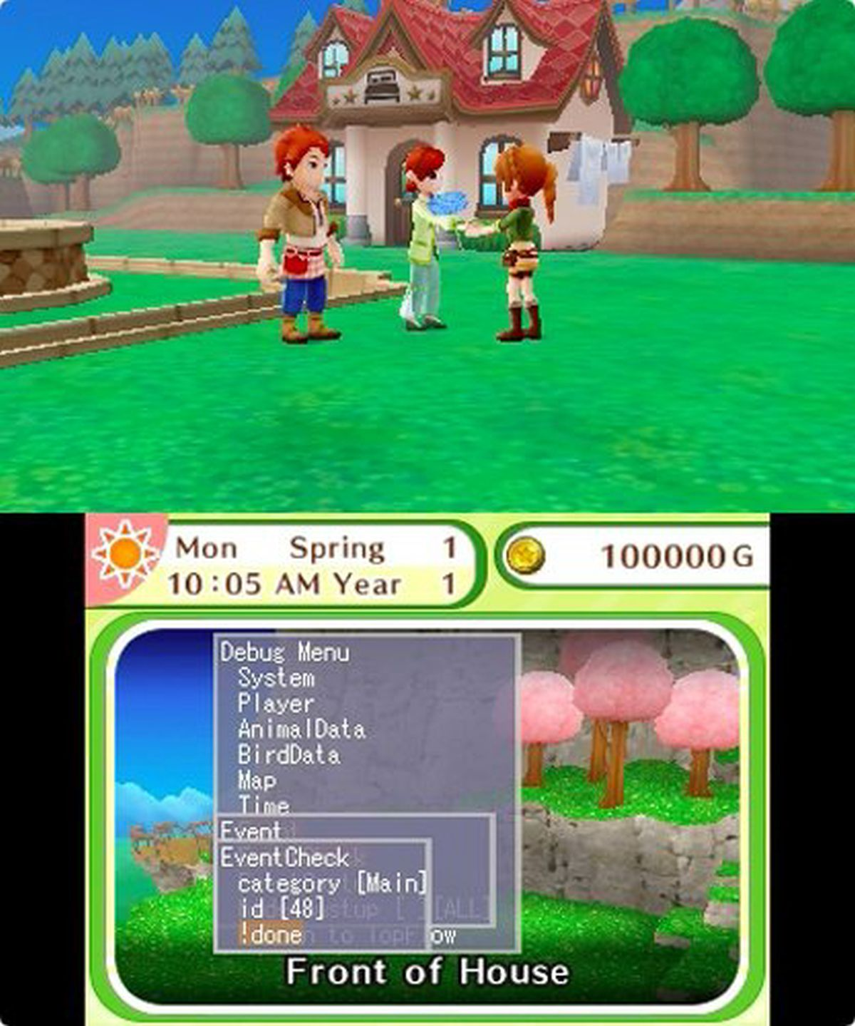 Videospiel-Screenshot. Charaktere in einem Dorf. Spieloberfläche unten.