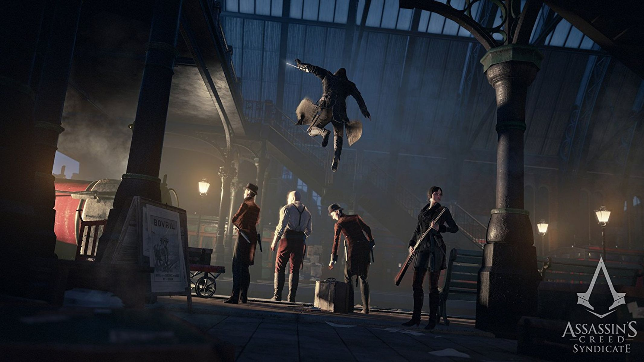 Szene aus Assassin's Creed Syndicate: eine Figur springt über Menschen in einem Bahnhof.
