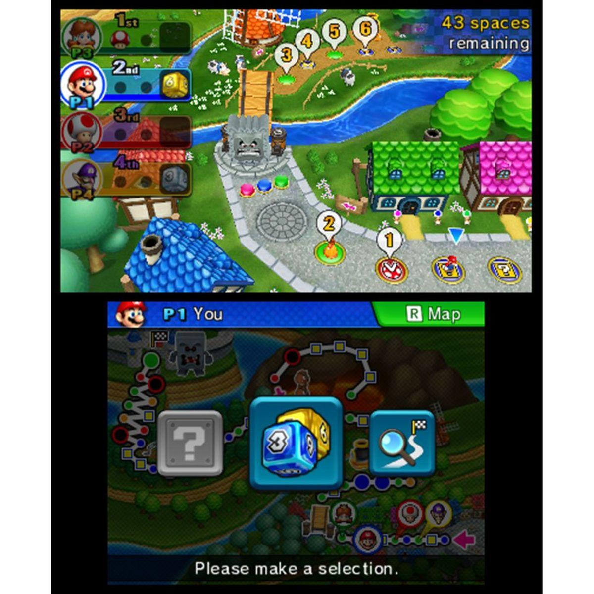 Gioco di Mario Party su schermo DS, che mostra un gioco da tavolo con personaggi e caselle colorate.